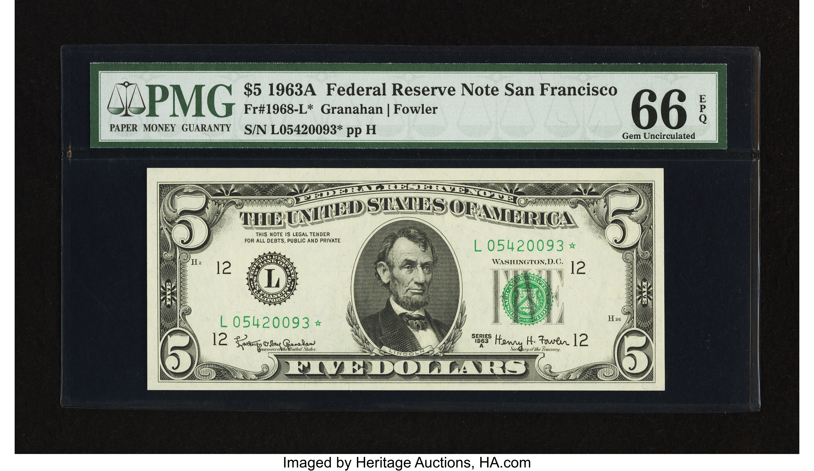 image for: Fr. 1968-L* $5 1963A Federal Reserve Note. PMG Gem Uncirculated 66 EPQ....