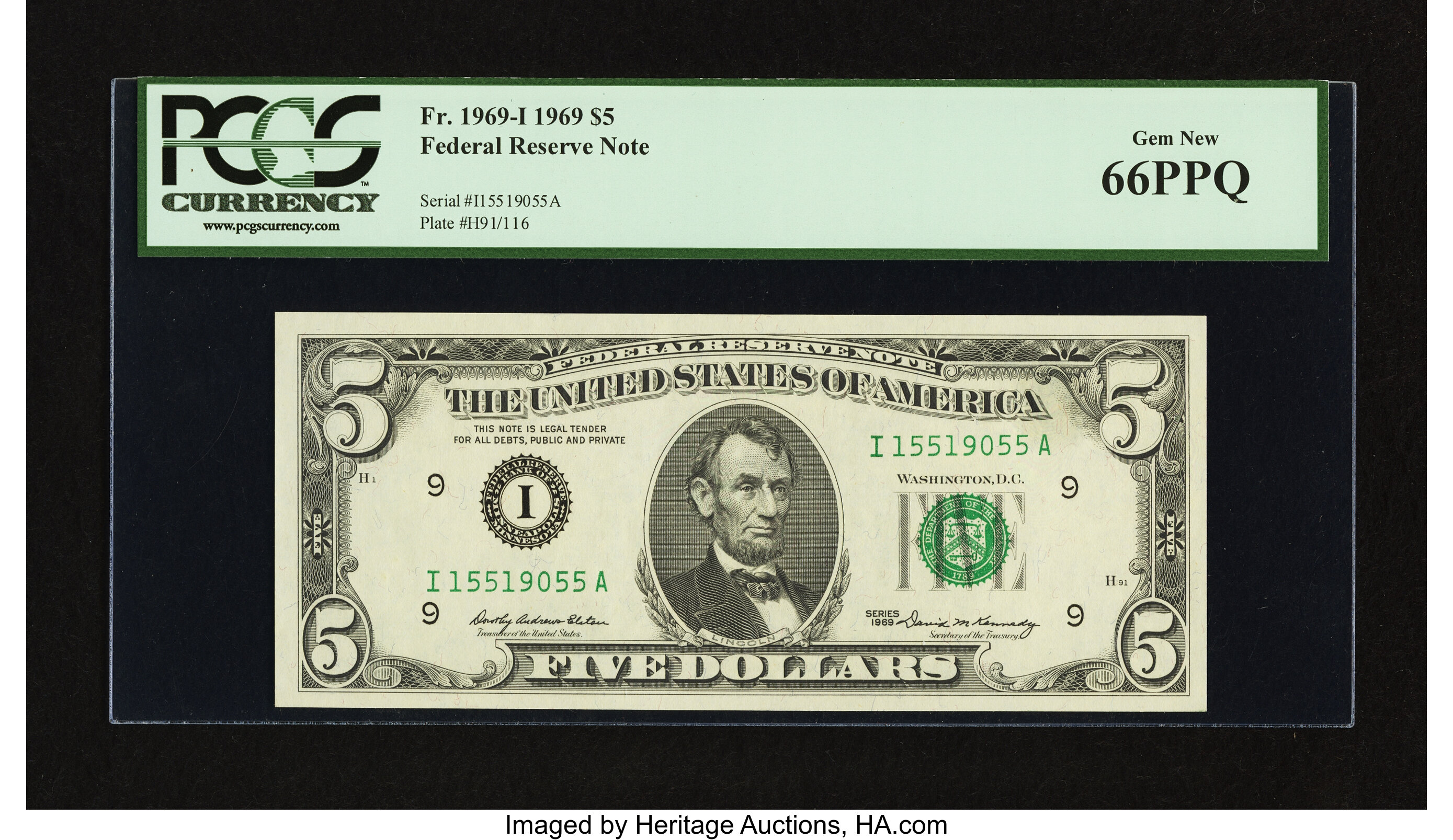 image for: Fr. 1969-I $5 1969 Federal Reserve Note. PCGS Gem New 66PPQ....