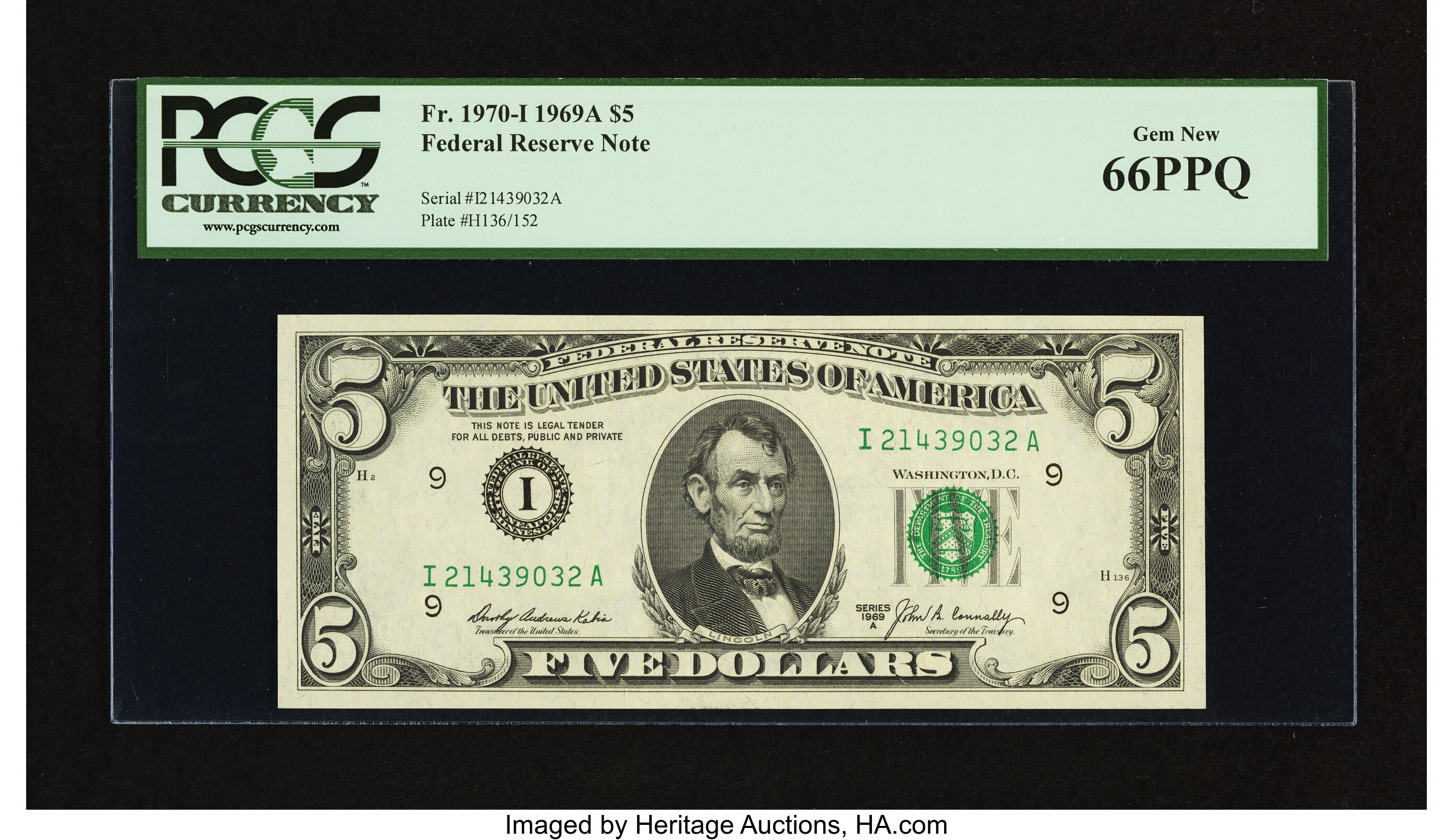image for: Fr. 1970-I $5 1969A Federal Reserve Note. PCGS Gem New 66PPQ....