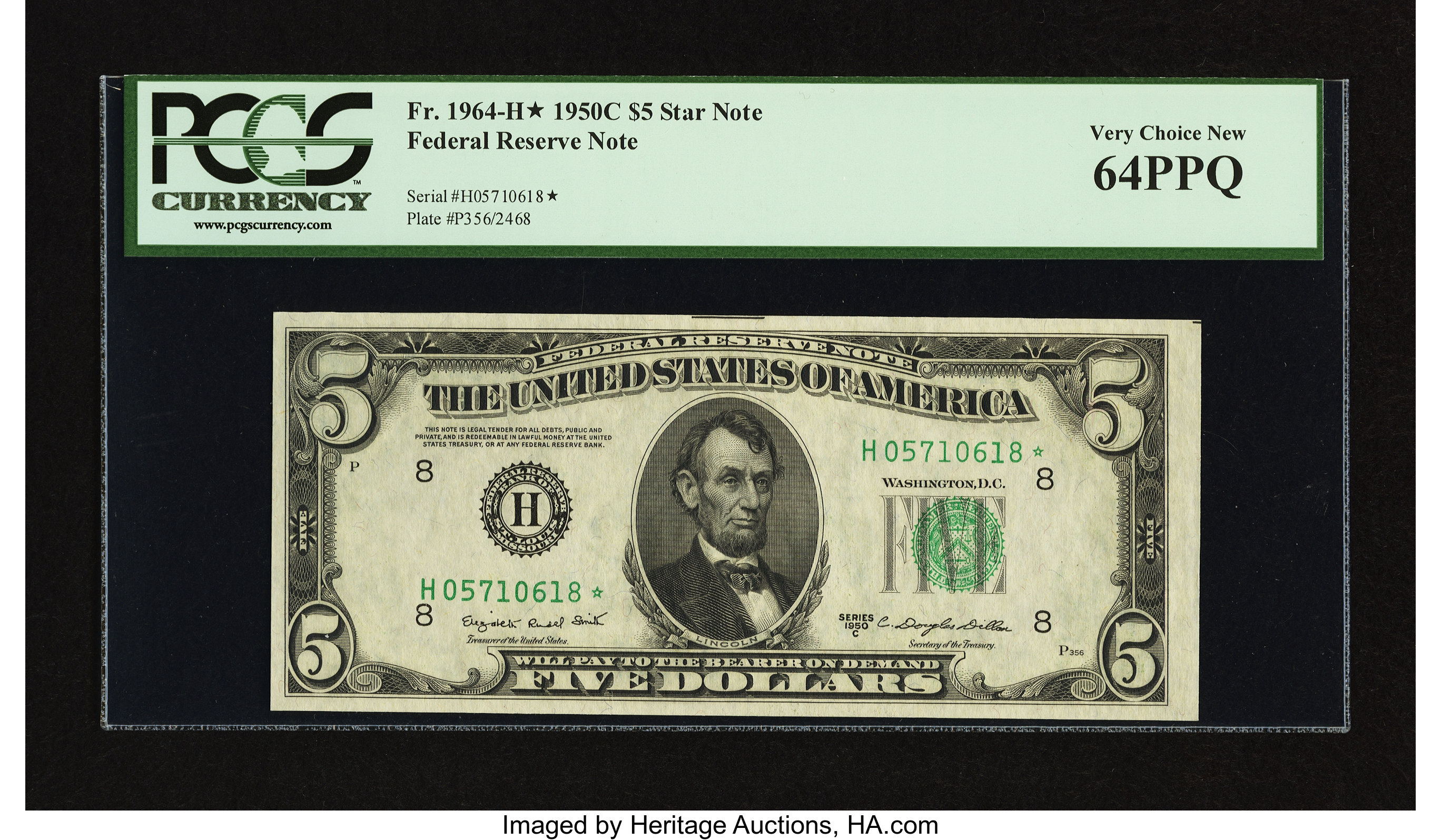 image for: Fr. 1964-H* $5 1950C Federal Reserve Note. PCGS Very Choice New 64PPQ....