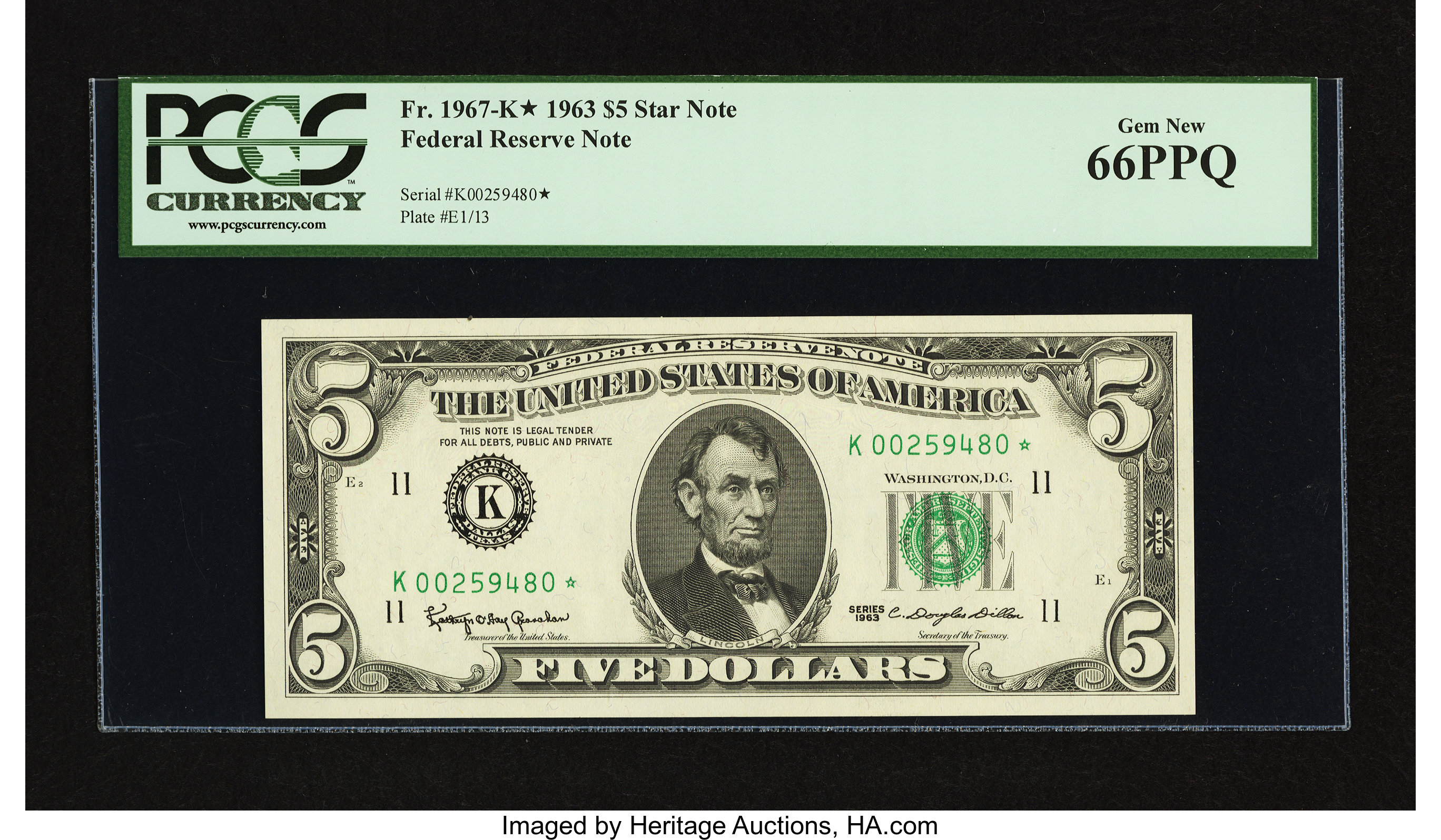 image for: Fr. 1967-K* $5 1963 Federal Reserve Note. PCGS Gem New 66PPQ....
