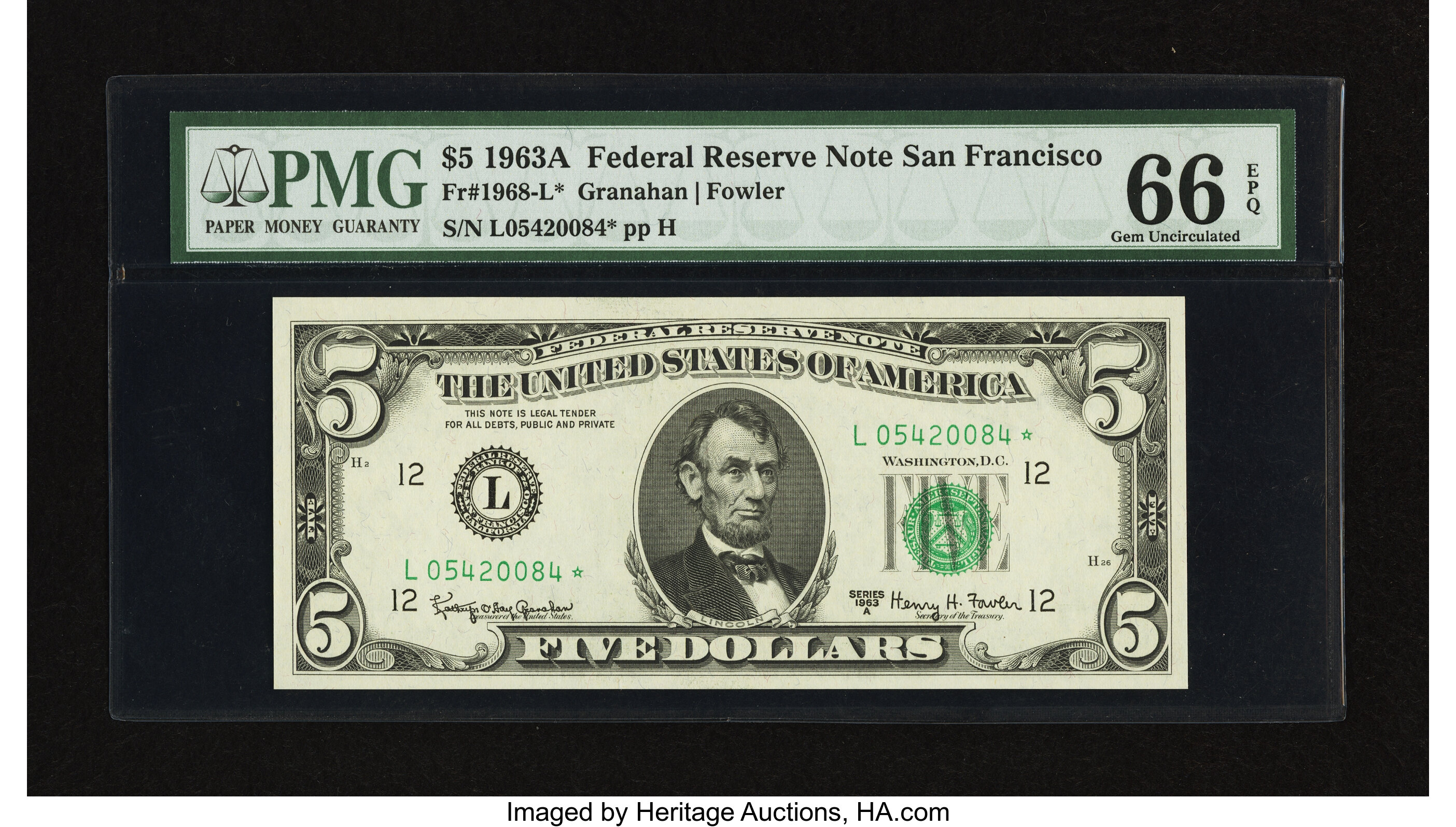 image for: Fr. 1968-L* $5 1963A Federal Reserve Note. PMG Gem Uncirculated 66 EPQ....