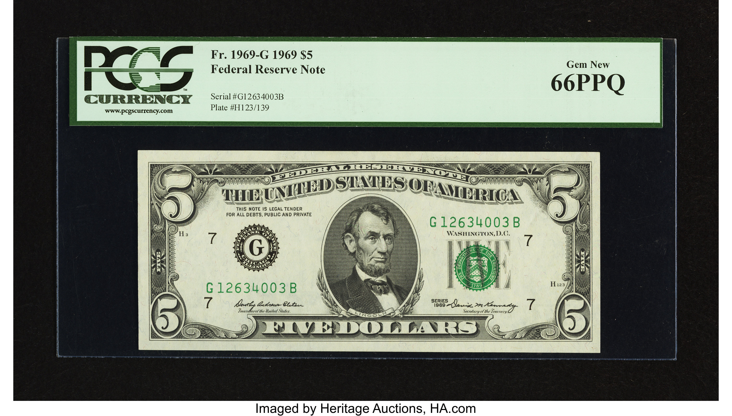 image for: Fr. 1969-G $5 1969 Federal Reserve Note. PCGS Gem New 66PPQ....