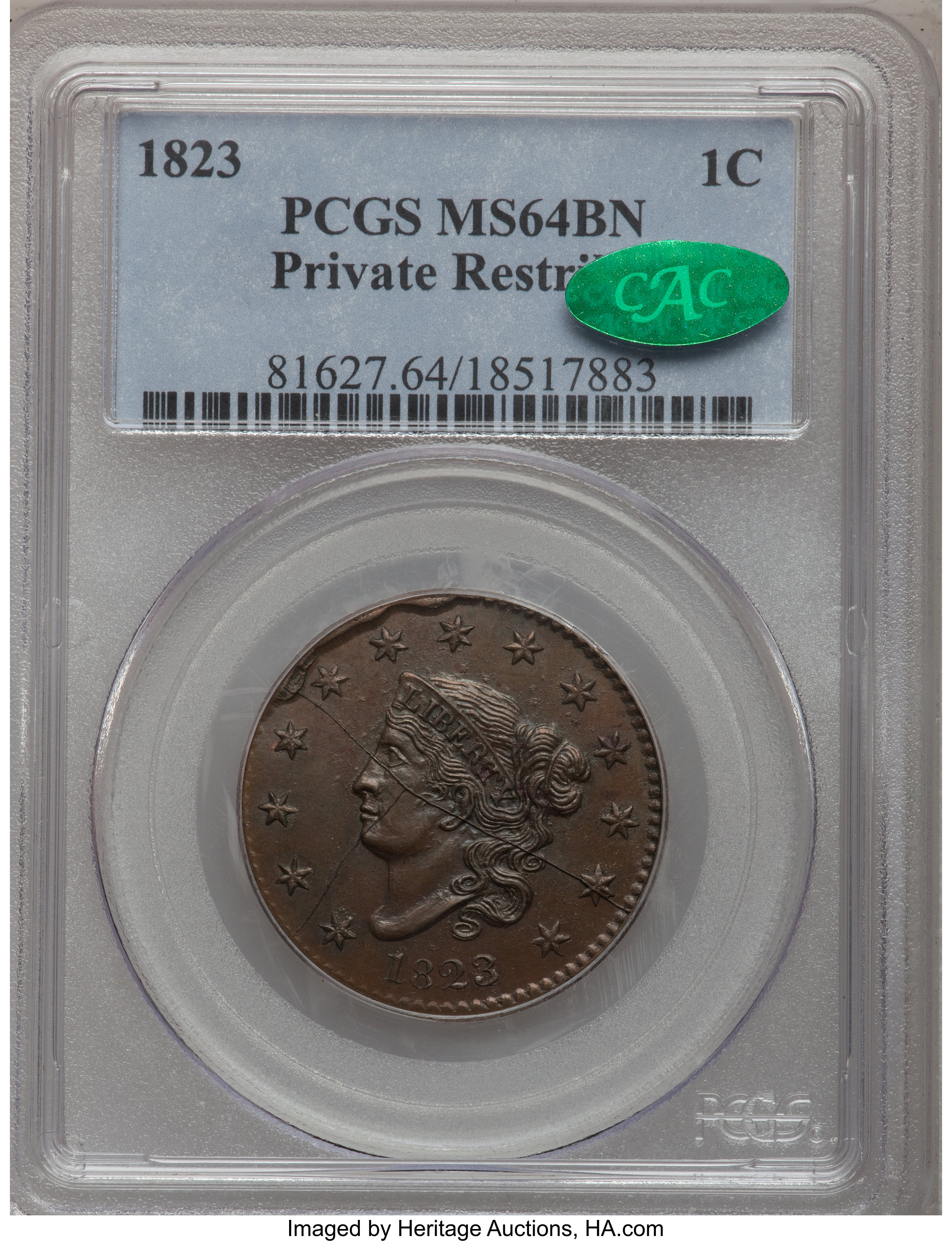 image for: 1823 1C Restrike MS64 Brown PCGS. CAC. N-3, R.2....