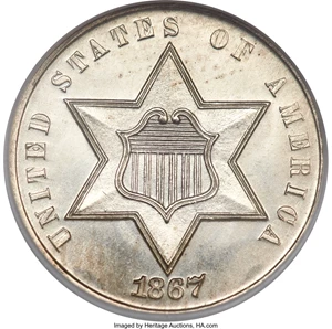 image for: 1867 3CS MS67 NGC....