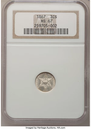 image for: 1867 3CS MS67 NGC....