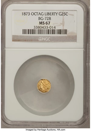 image for: 1873 25C Liberty Octagonal 25 Cents, BG-728, R.3, MS67 NGC....