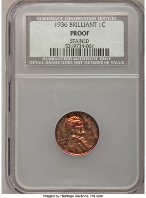 image for: 1936 1C Type Two--Brilliant Finish Brown--Stained--NCS. Proof Details. NGC Census: (0/25). PCGS Population (0/4). Mintage: ...