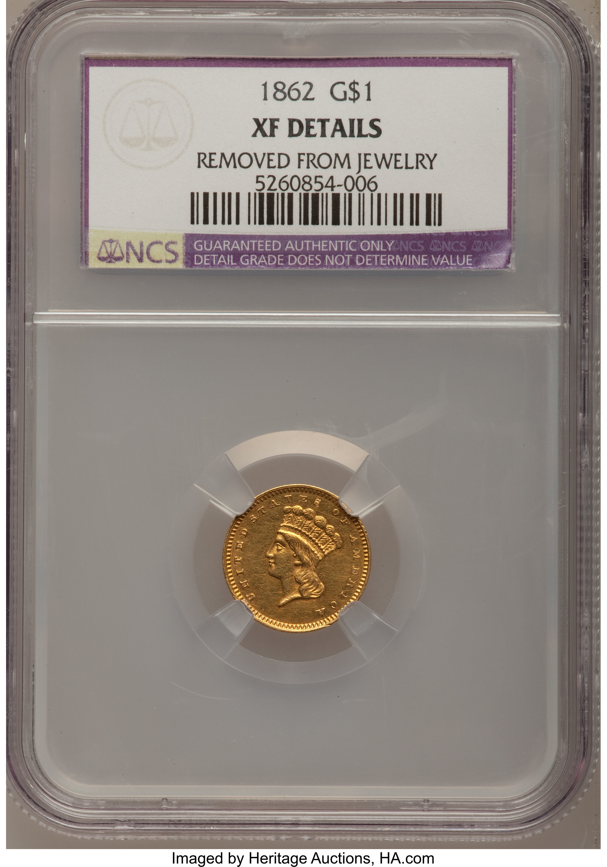 1862 G$1 --Removed From Jewelry--NCS. XF40 Details. NGC Census: (0/2468). PCGS Population (1/2185). Mintage: 1,361,390. Numi...