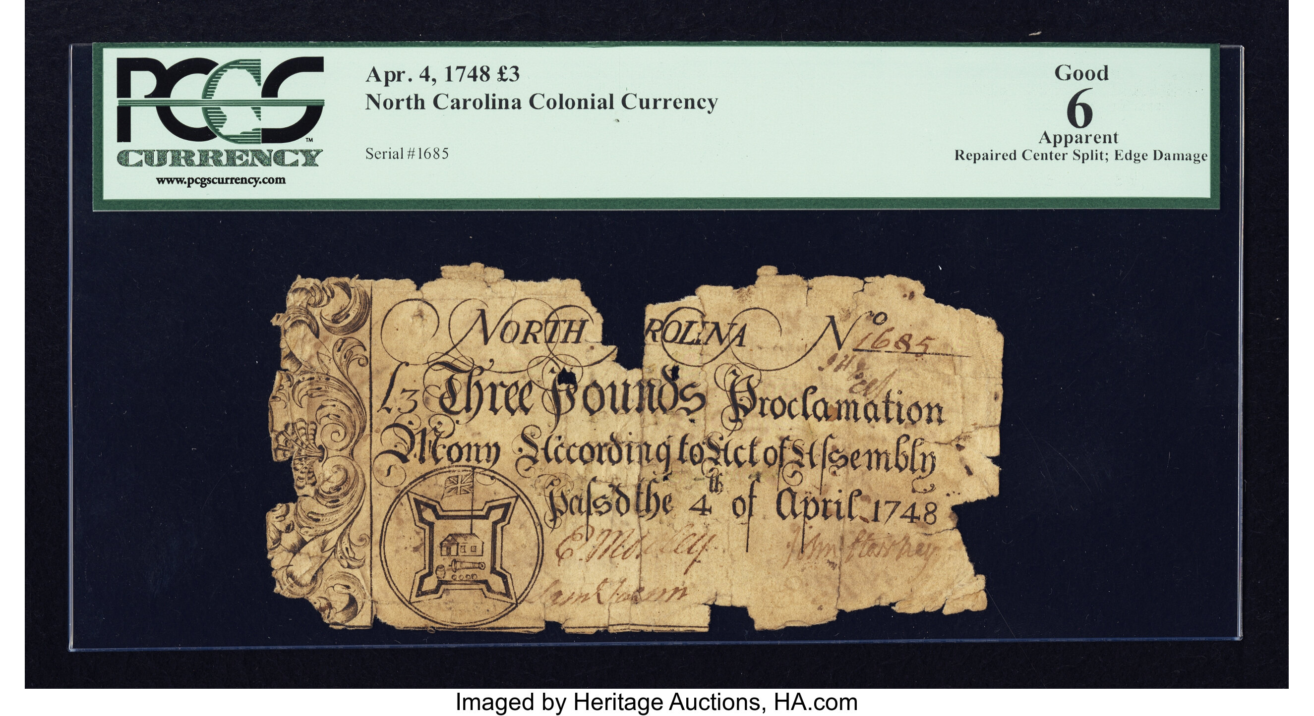 image for: North Carolina April 4, 1748 £3 PCGS Apparent Good 06....