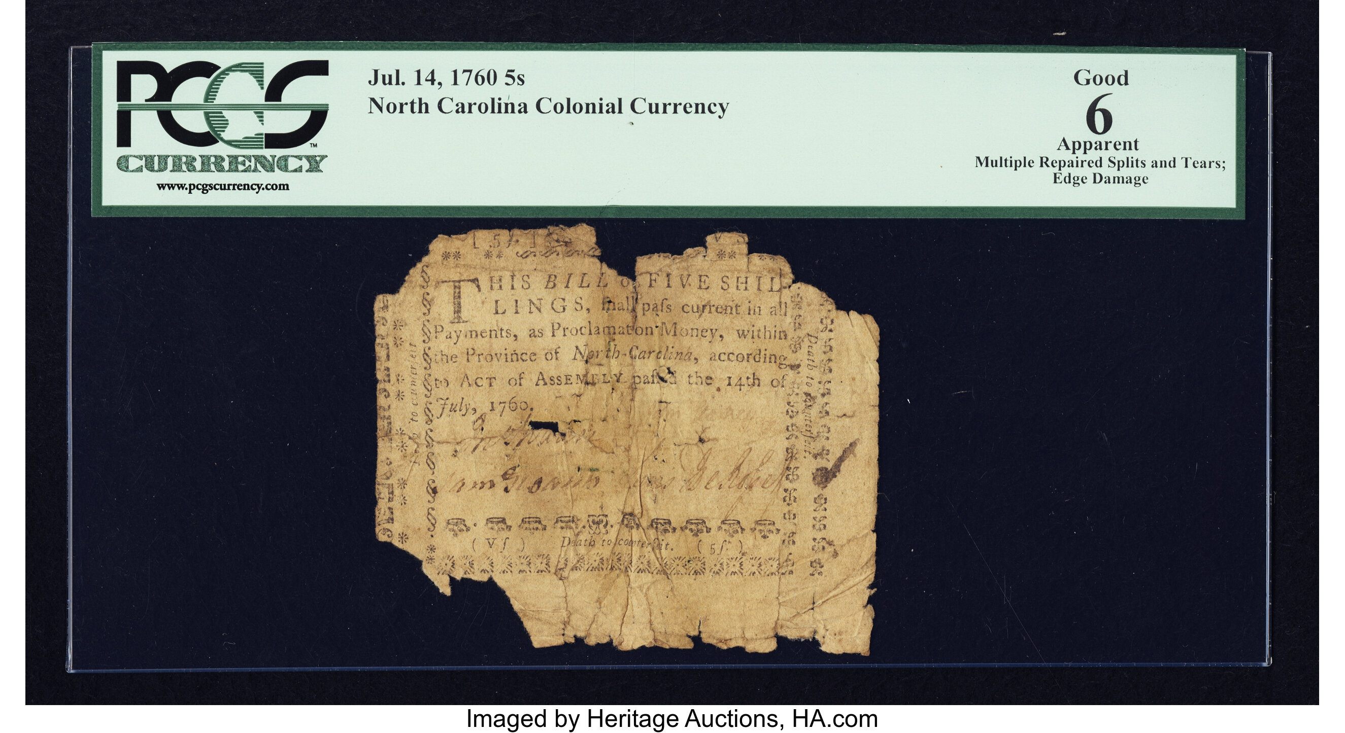 image for: North Carolina July 14, 1760 5s PCGS Apparent Good 06....
