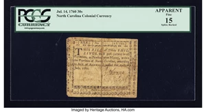image for: North Carolina July 14, 1760 30s PCGS Apparent Fine 15....
