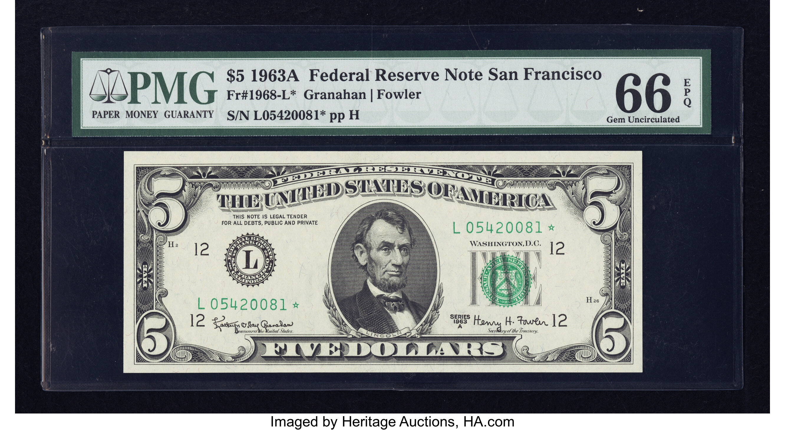 image for: Fr. 1968-L* $5 1963A Federal Reserve Note. PMG Gem Uncirculated 66 EPQ....