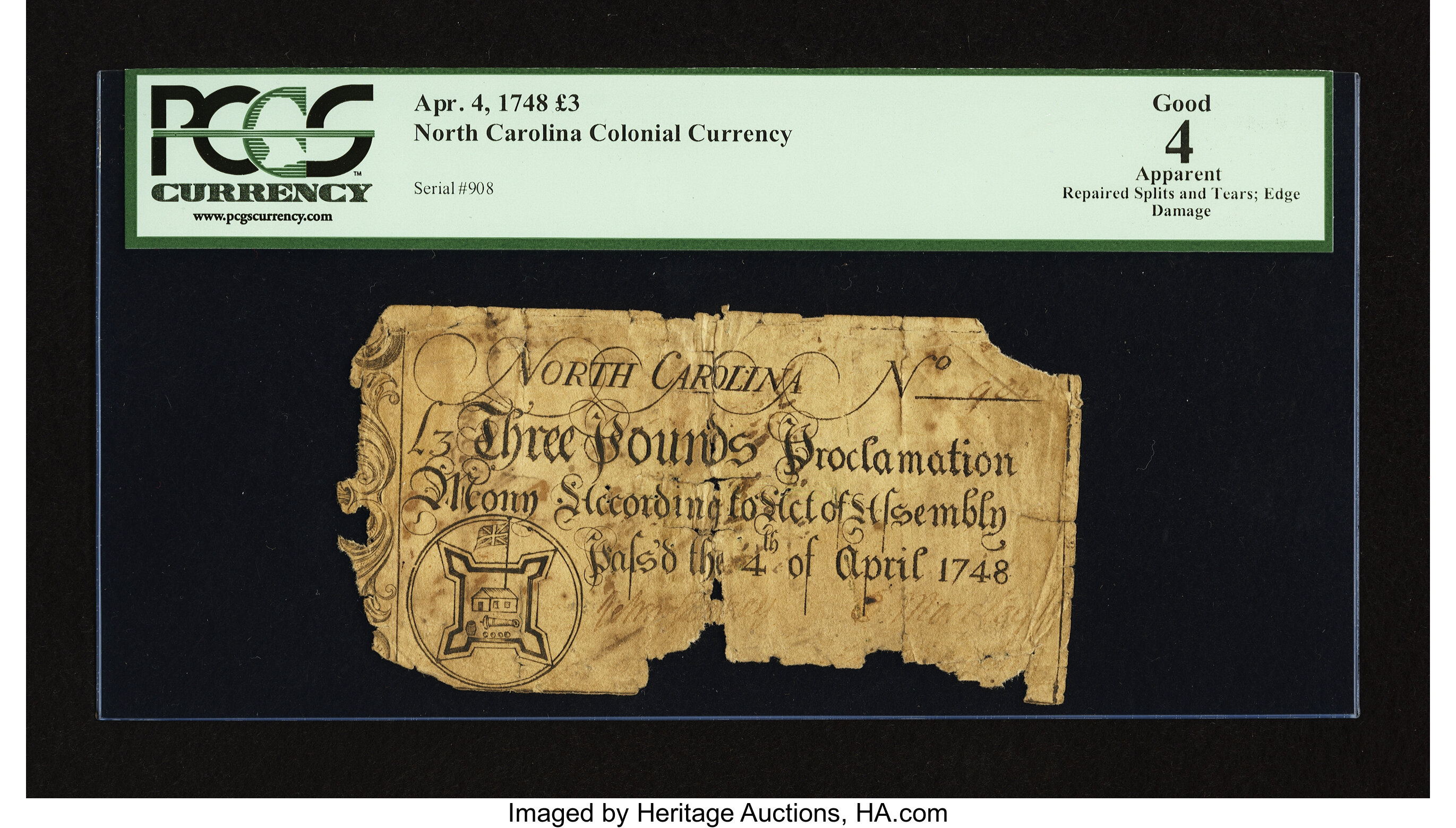 image for: North Carolina April 4, 1748 £3 PCGS Apparent Good 04....