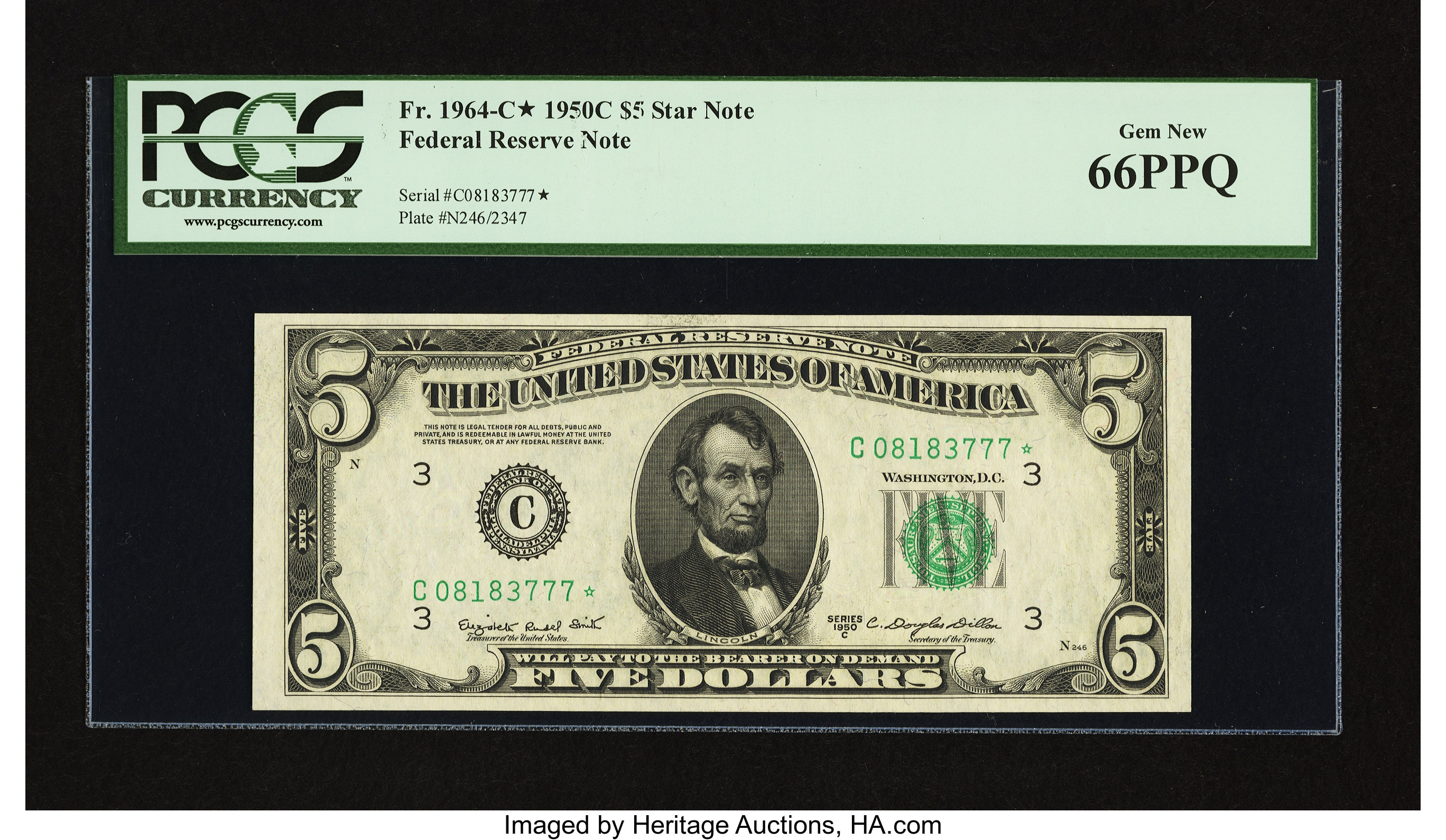 image for: Fr. 1964-C* $5 1950C Federal Reserve Note. PCGS Gem New 66PPQ....