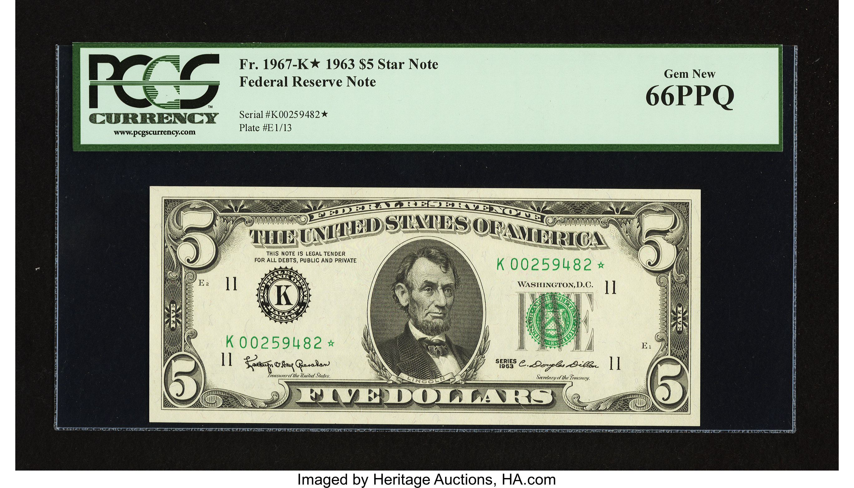 image for: Fr. 1967-K* $5 1963 Federal Reserve Note. PCGS Gem New 66PPQ....