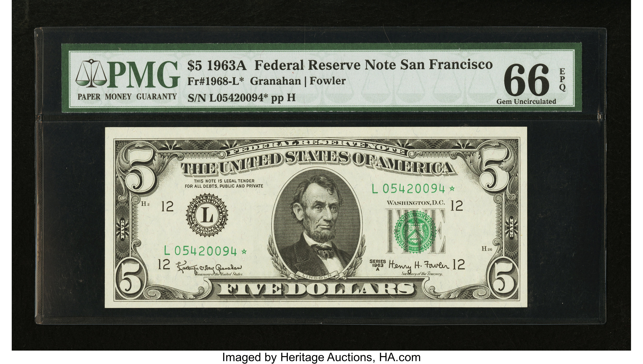 image for: Fr. 1968-L* $5 1963A Federal Reserve Note. PMG Gem Uncirculated 66 EPQ....