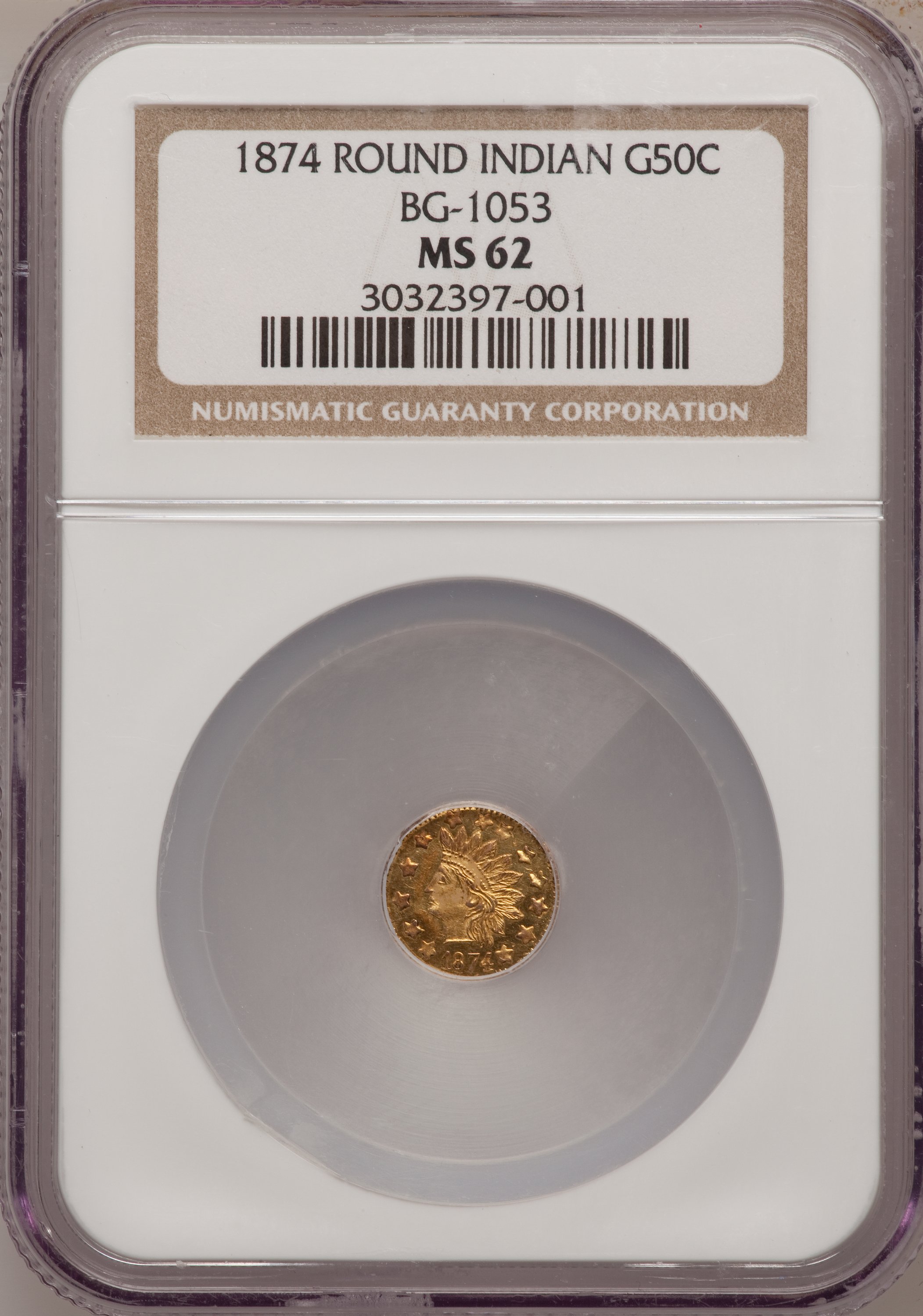 image for: 1874 50C Indian Round 50 Cents, BG-1053, High R.5, MS62 NGC. NGC Census: (2/1). PCGS Population (4/18).   (#10882)...