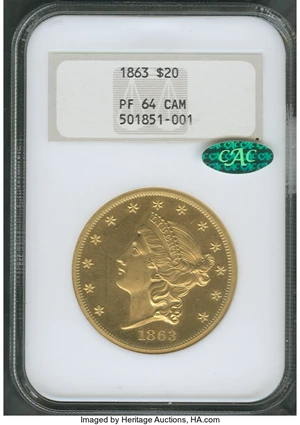 image for: 1863 $20 PR64 Cameo NGC. CAC....