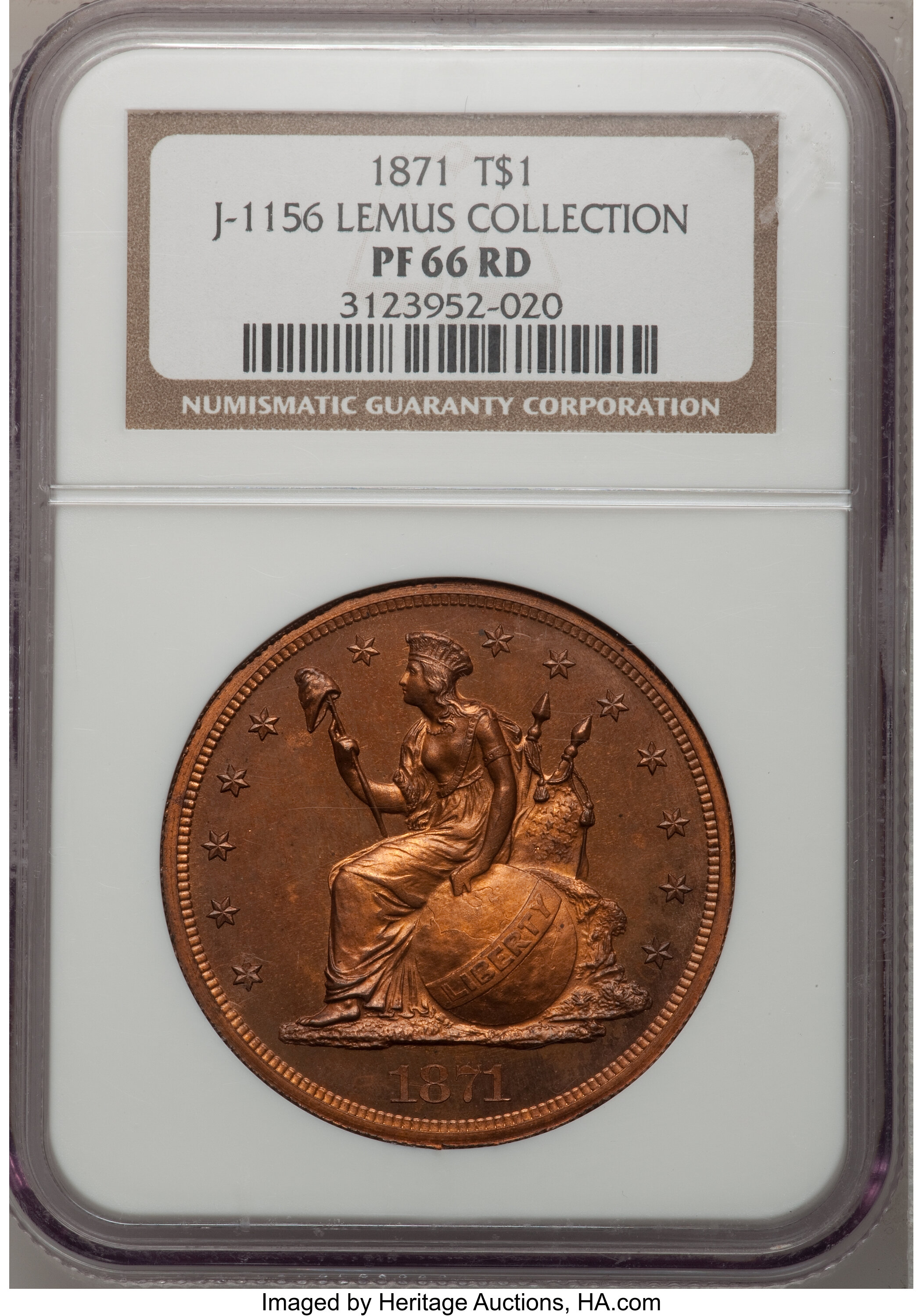 image for: 1871 T$1 Commercial Dollar, Judd-1156, Pollock-1300, R.7-8, PR66 Red NGC....