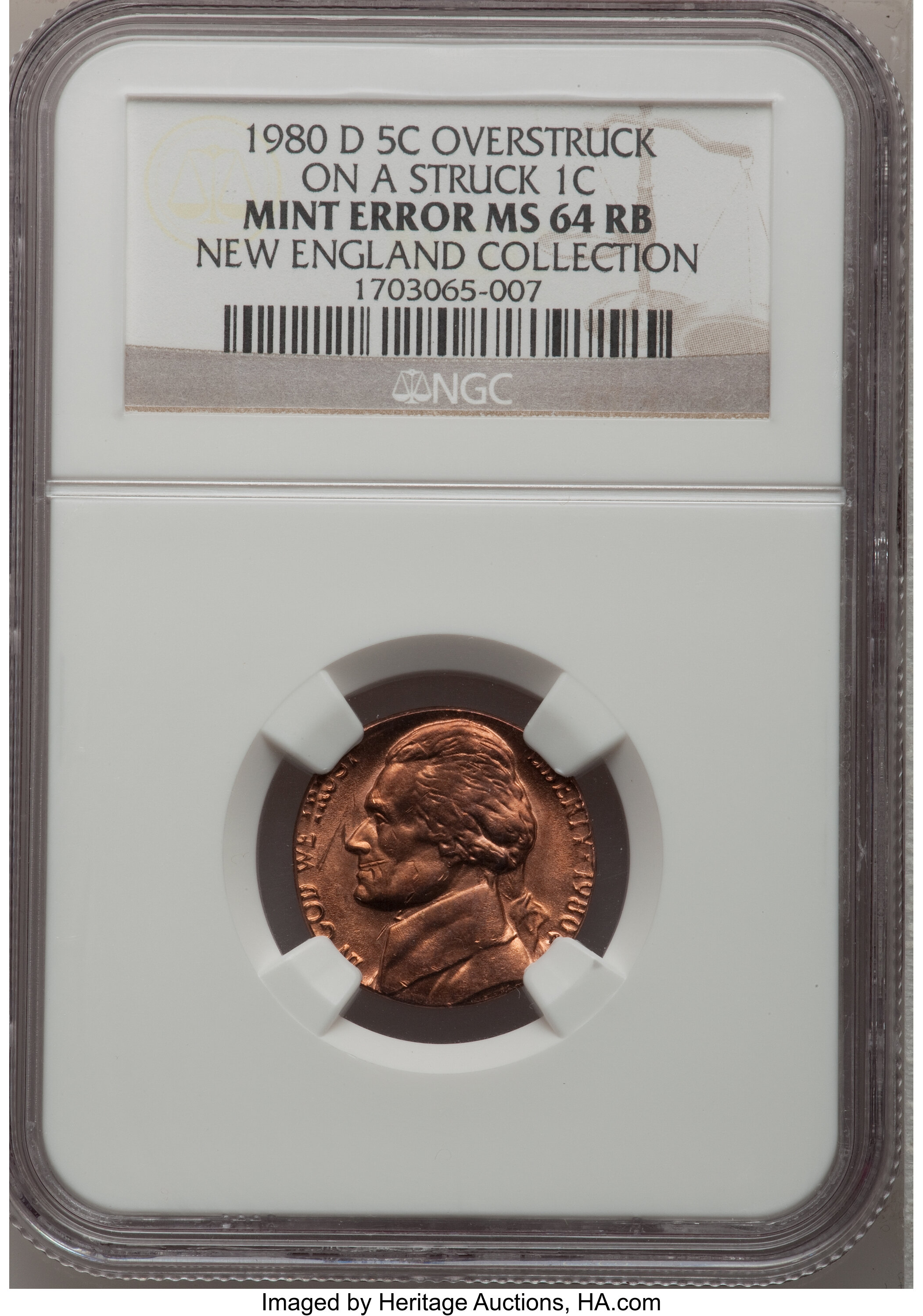 image for: 1980-D 5C Jefferson Nickel--Overstruck on a Struck Cent--MS64 Red and Brown NGC....