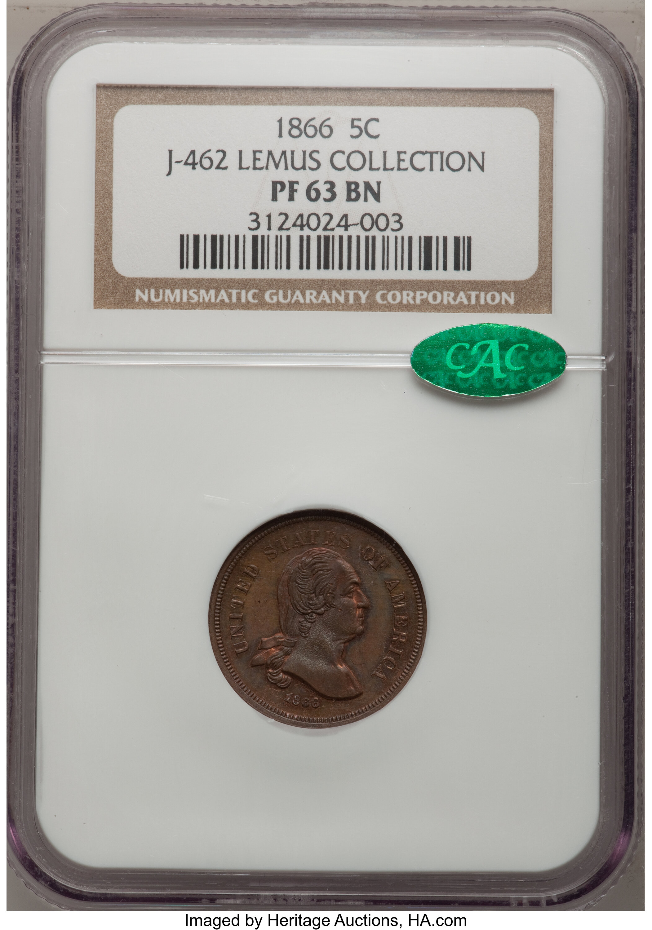 image for: 1866 5C Five Cents, Judd-462, Pollock-536, Low R.7, PR63 Brown NGC. CAC....