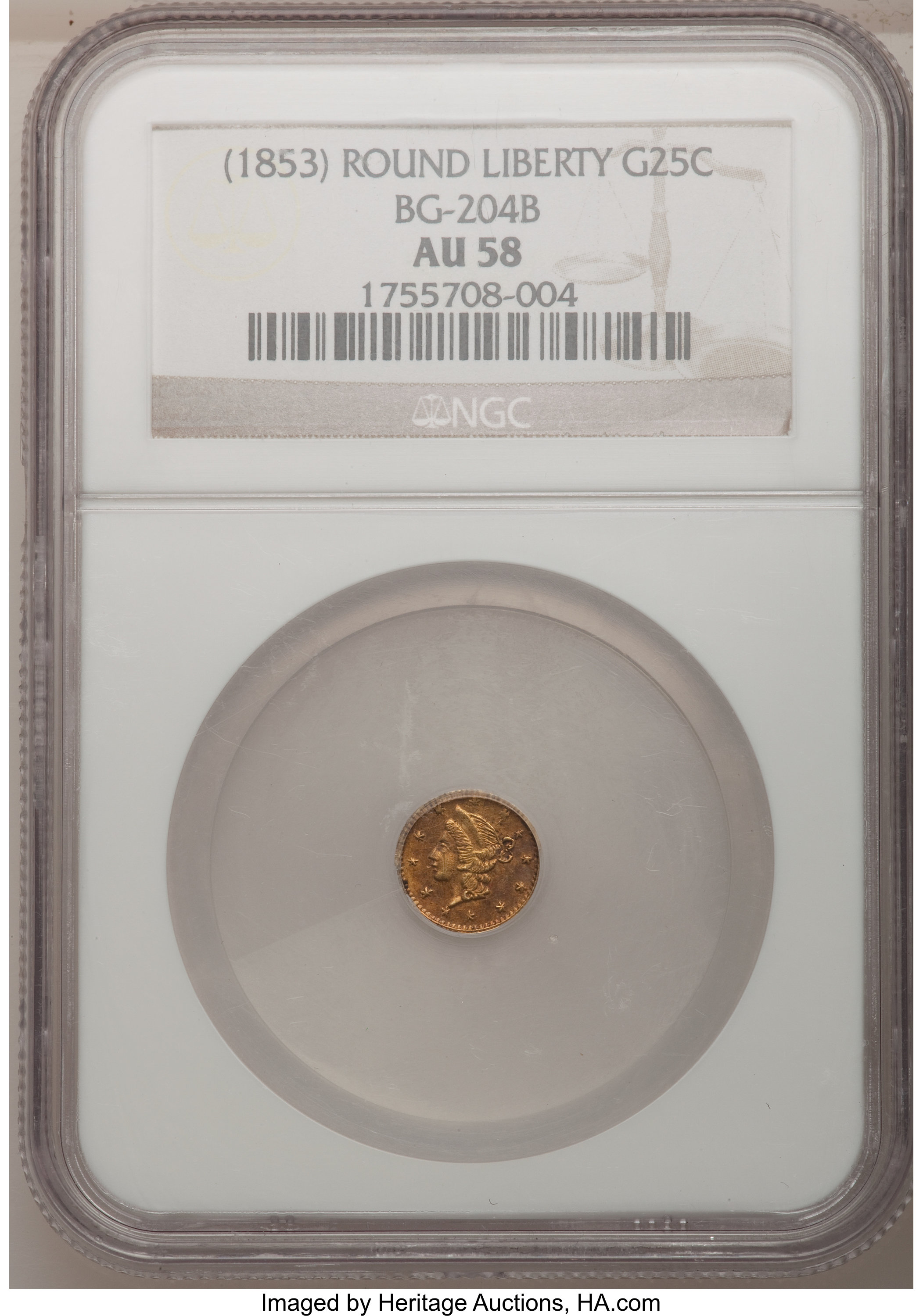 image for: (1853) 25C Liberty Round 25 Cents, BG-204B, R.8, AU58 NGC....