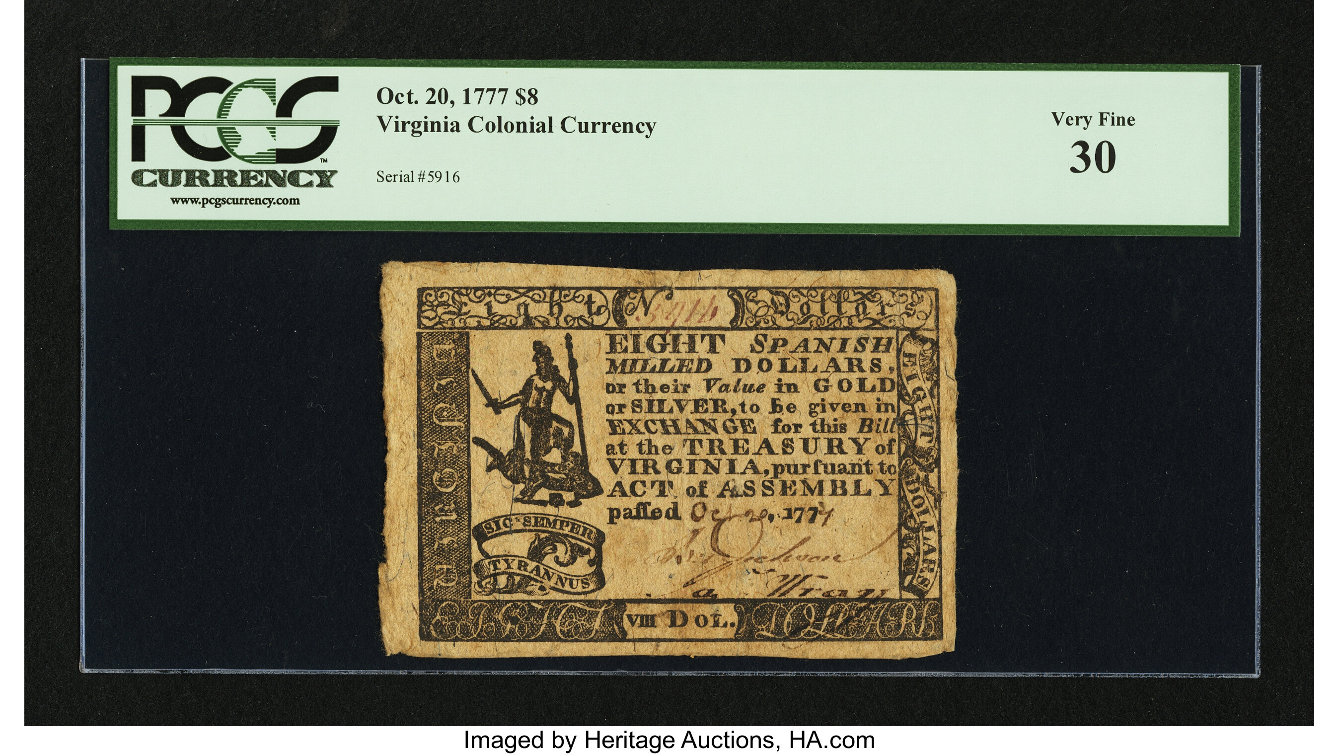 image for: Virginia October 20, 1777 $8 PCGS Very Fine 30....