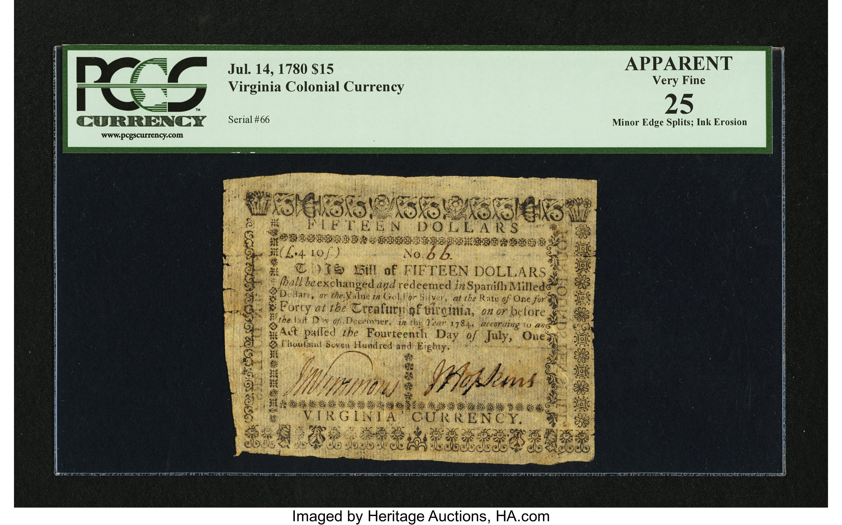 image for: Virginia July 14, 1780 $15 PCGS Apparent Very Fine 25....