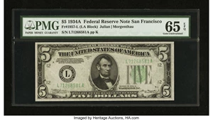 image for: Fr. 1957-L $5 1934A Federal Reserve Note. PMG Gem Uncirculated 65 EPQ....
