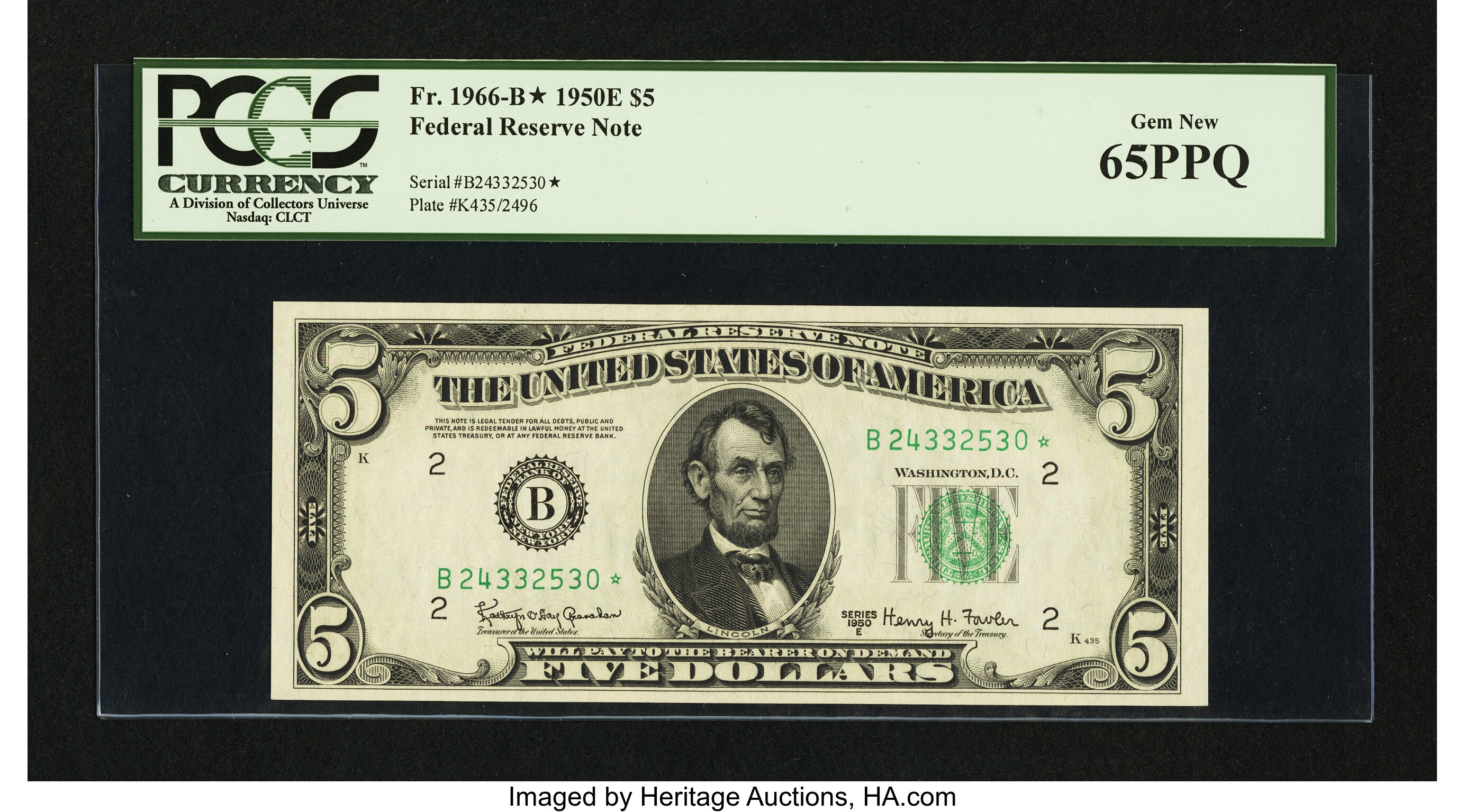 image for: Fr. 1966-B* $5 1950E Federal Reserve Star Note. PCGS Gem New 65PPQ....