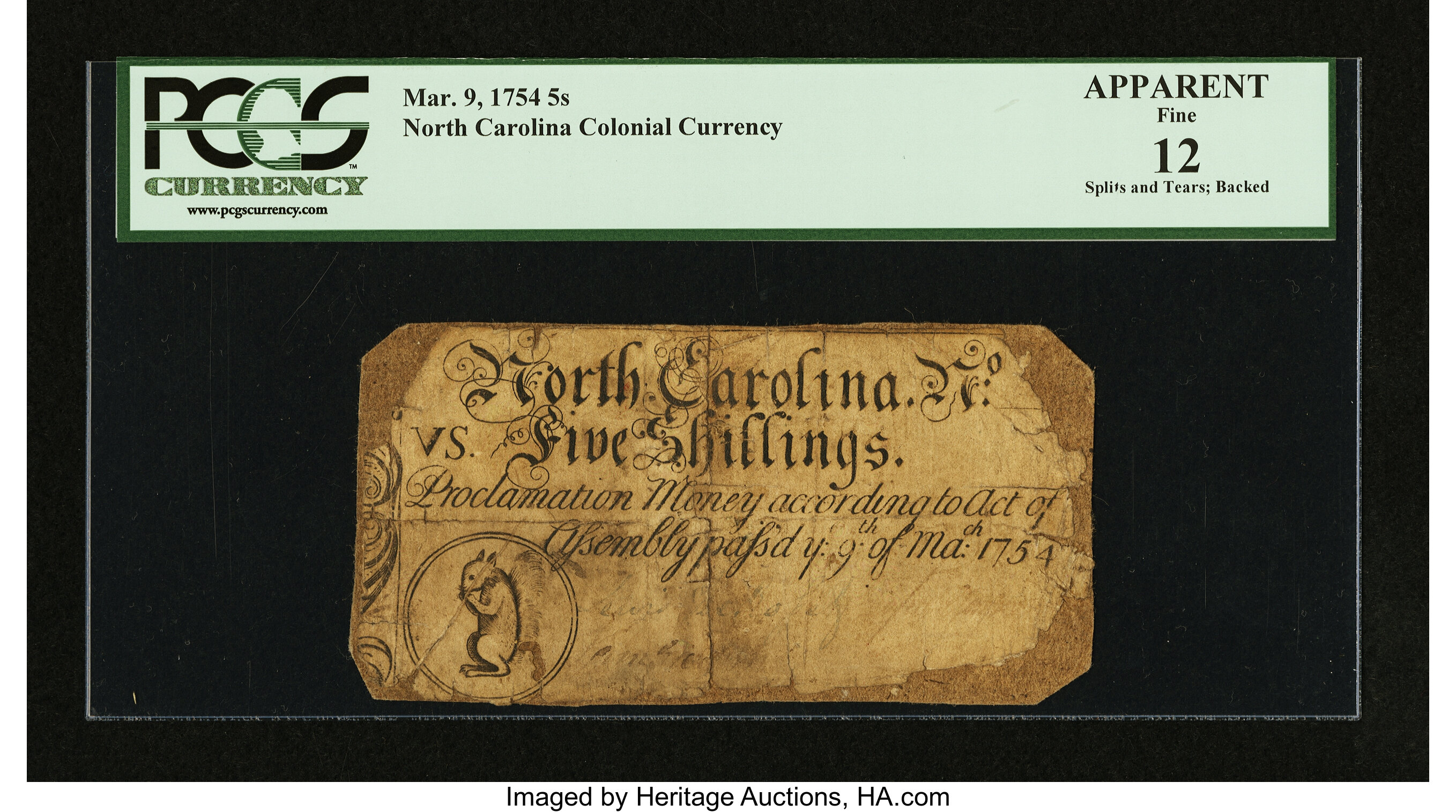 image for: North Carolina March 9, 1754 5s PCGS Apparent Fine 12....