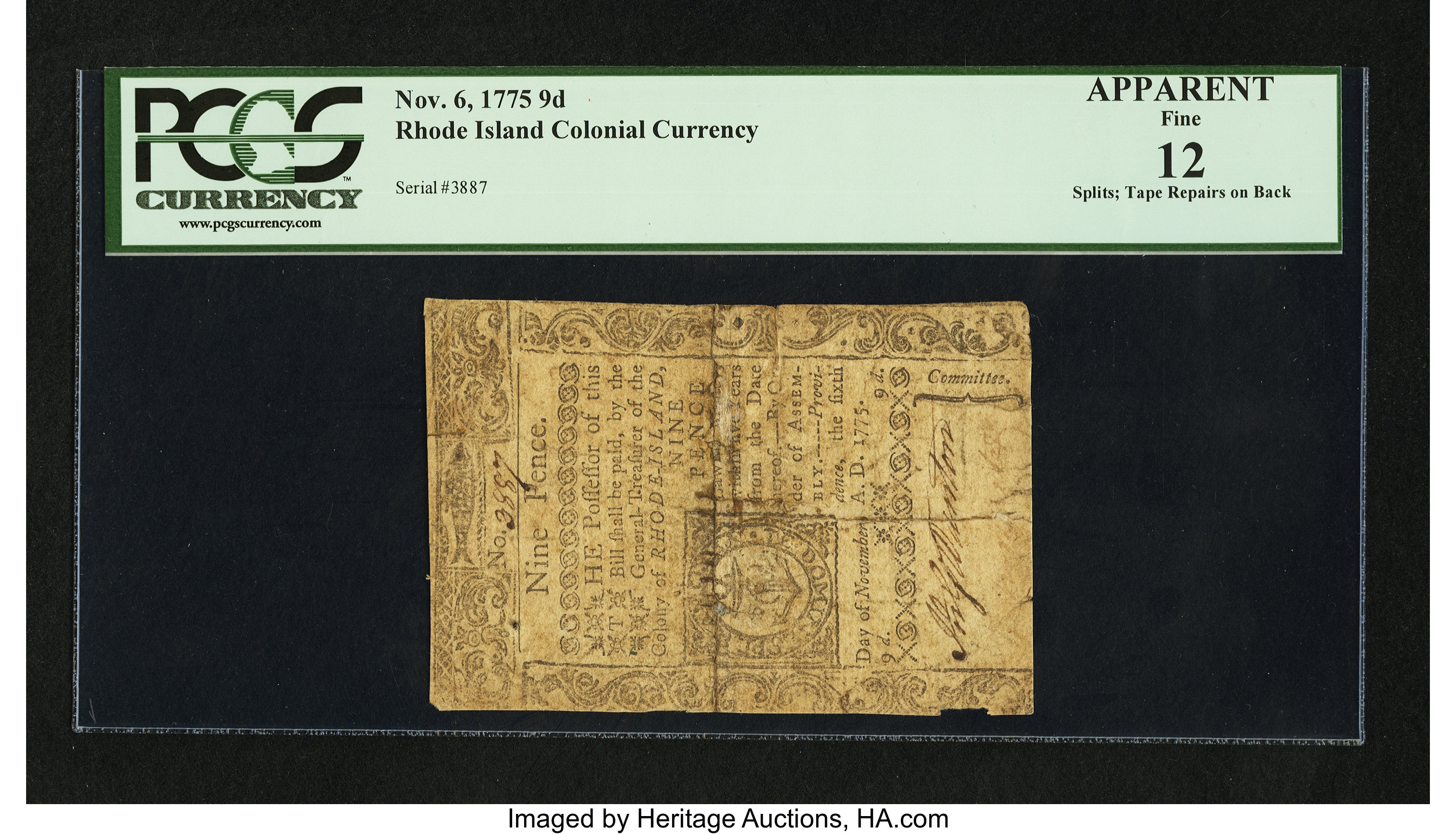 image for: Rhode Island November 6, 1775 9d PCGS Apparent Fine 12....