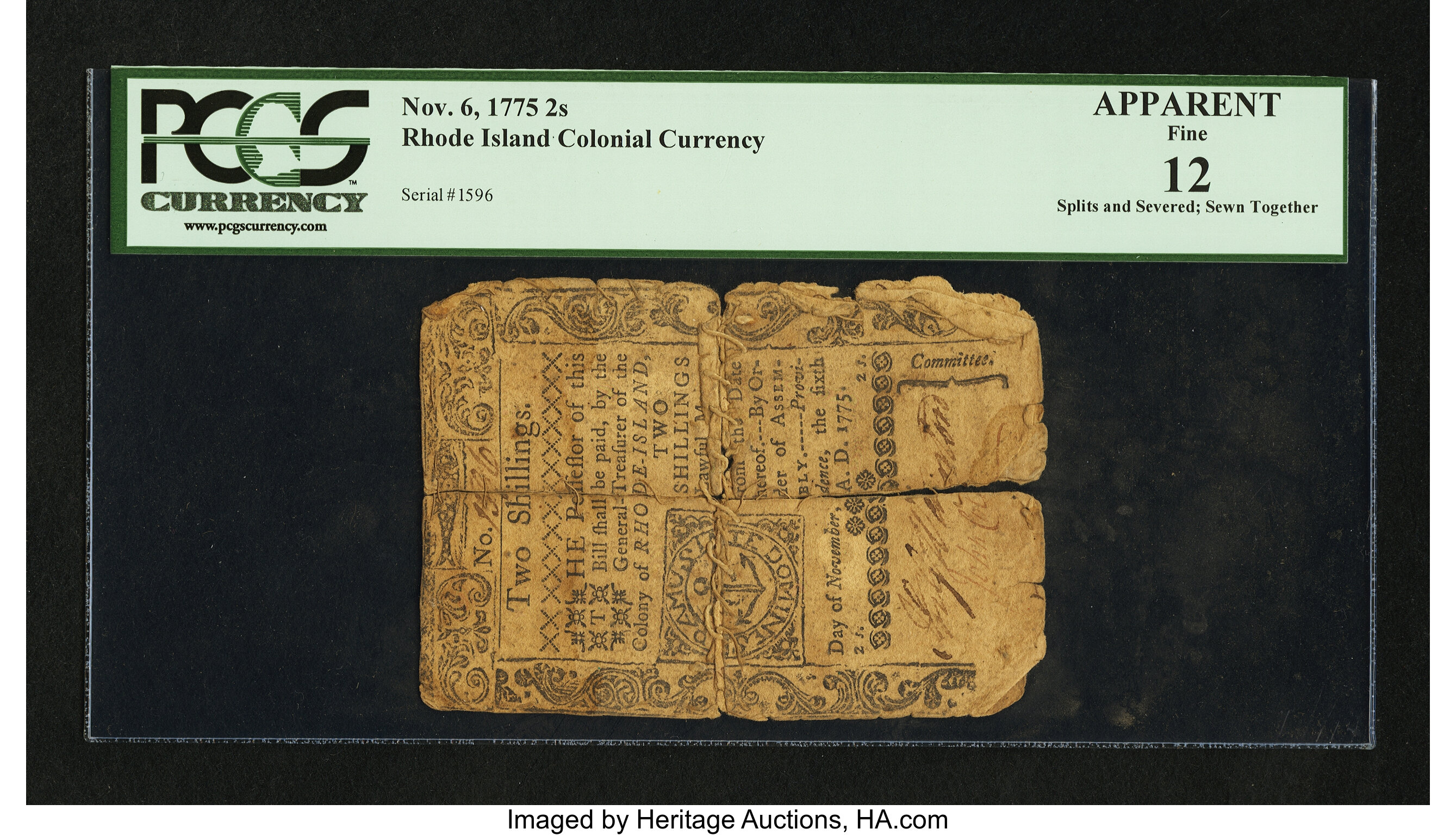 image for: Rhode Island November 6, 1775 2s PCGS Apparent Fine 12....