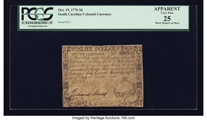 image for: South Carolina October 19, 1776 $6 PCGS Apparent Very Fine 25....