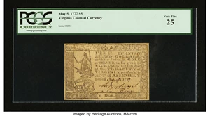 image for: Virginia May 5, 1777 $5 PCGS Very Fine 25....