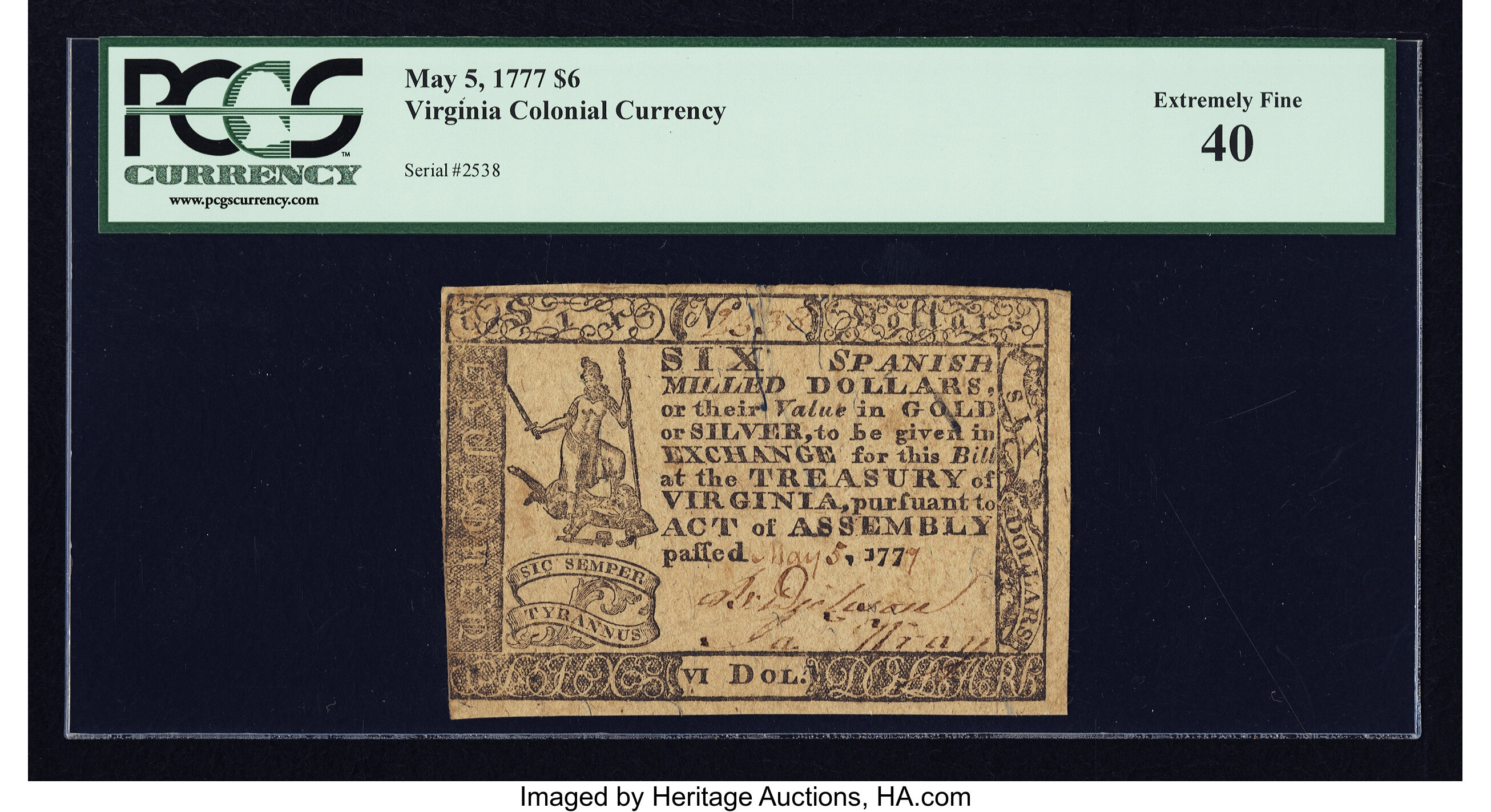 image for: Virginia May 5, 1777 $6 PCGS Extremely Fine 40....
