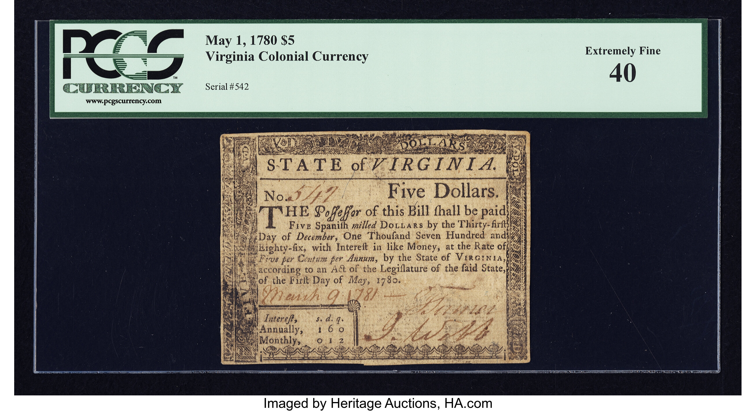 image for: Virginia May 1, 1780 $5 PCGS Extremely Fine 40....