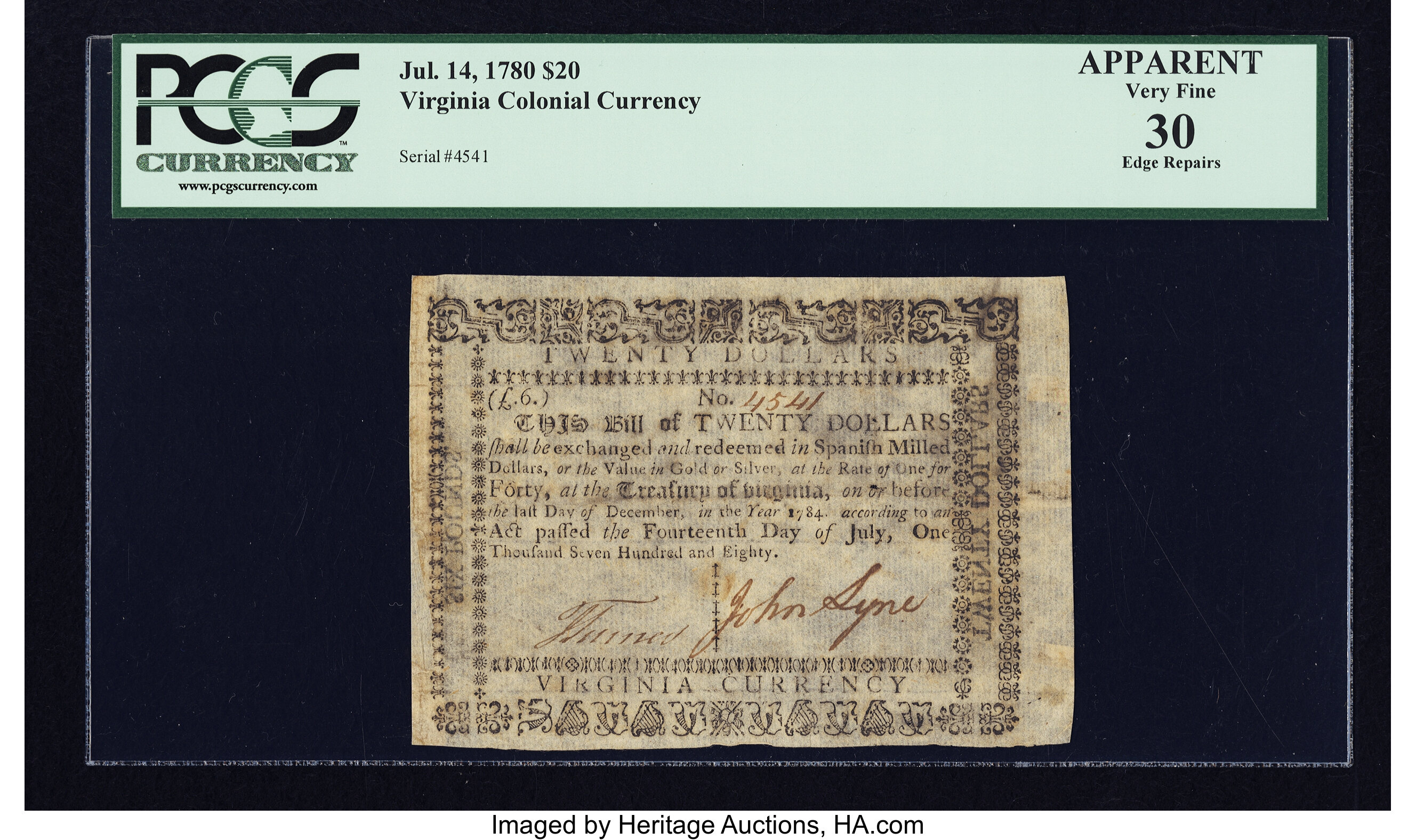 image for: Virginia July 14, 1780 $20 PCGS Apparent Very Fine 30....