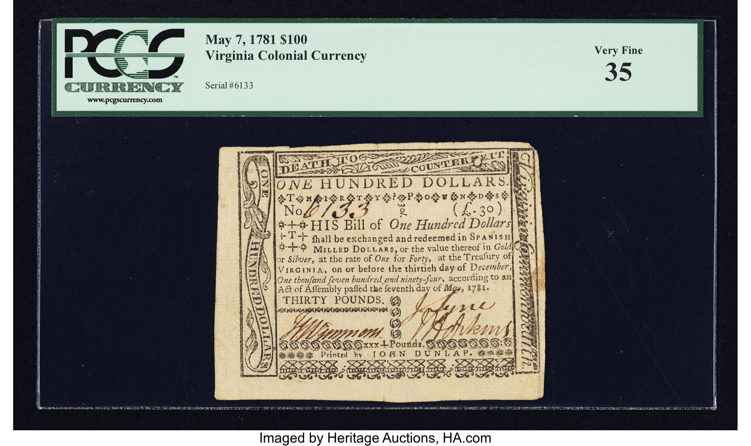 image for: Virginia May 7, 1781 $100 PCGS Very Fine 35....