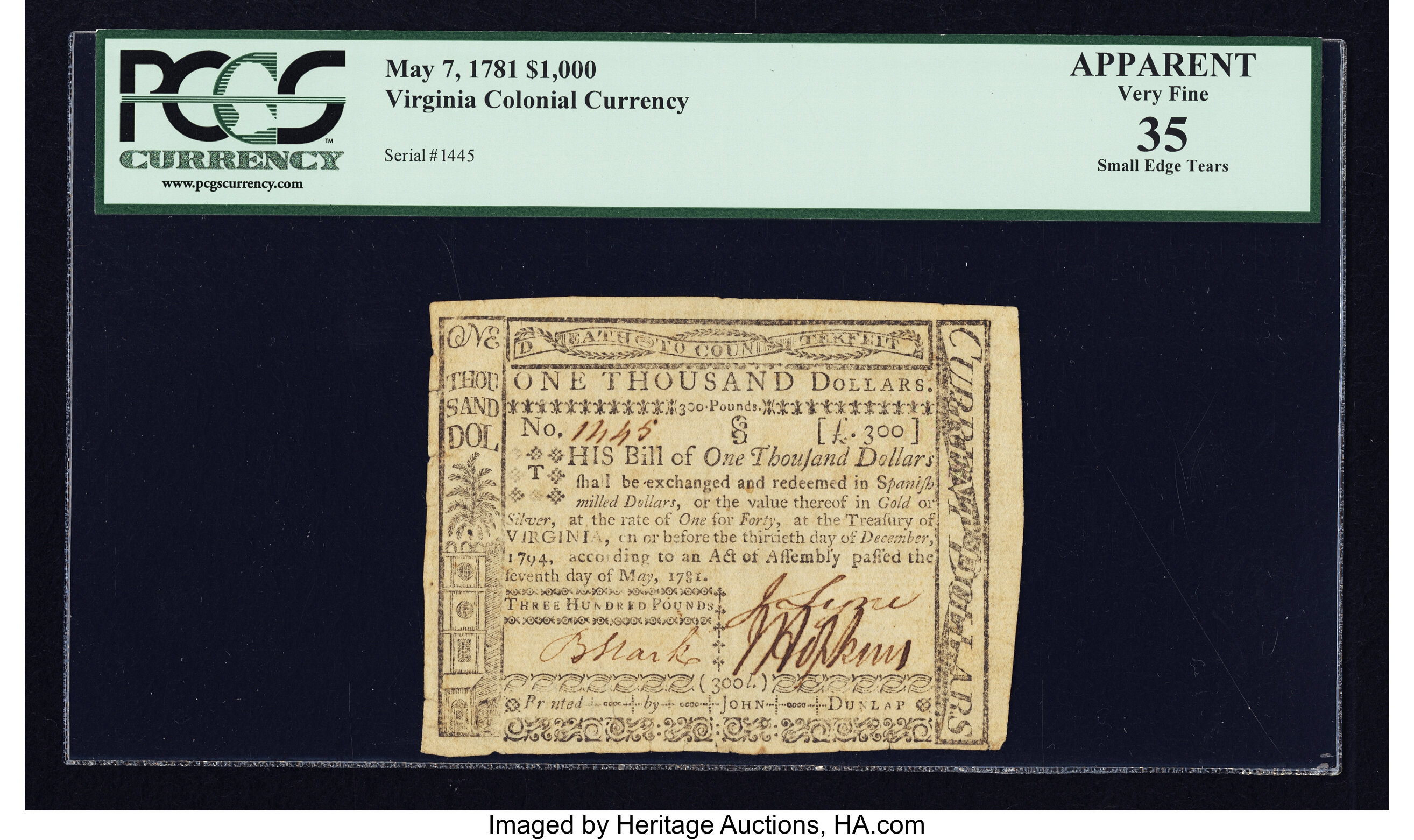 image for: Virginia May 7, 1781 $1000 PCGS Apparent Very Fine 35....