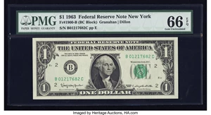 image for: Fr. 1900-B $1 1963 Federal Reserve Note. B-C Block. PMG Gem Uncirculated 66 EPQ....