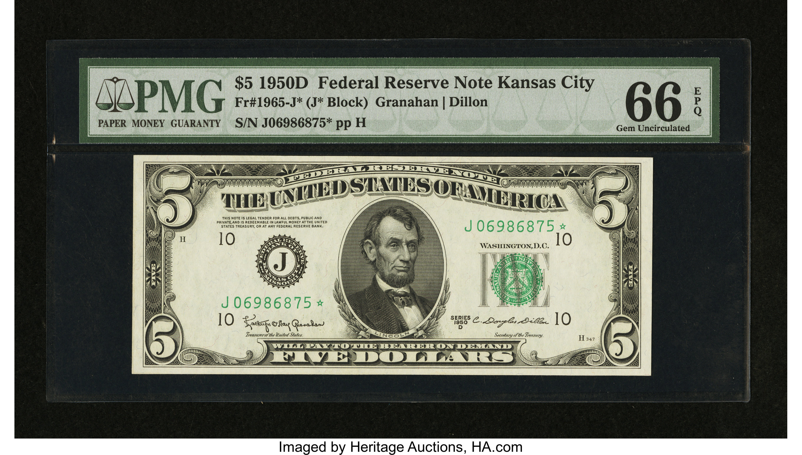 image for: Fr. 1965-J* $5 1950D Federal Reserve Note. PMG Gem Uncirculated 66 EPQ....