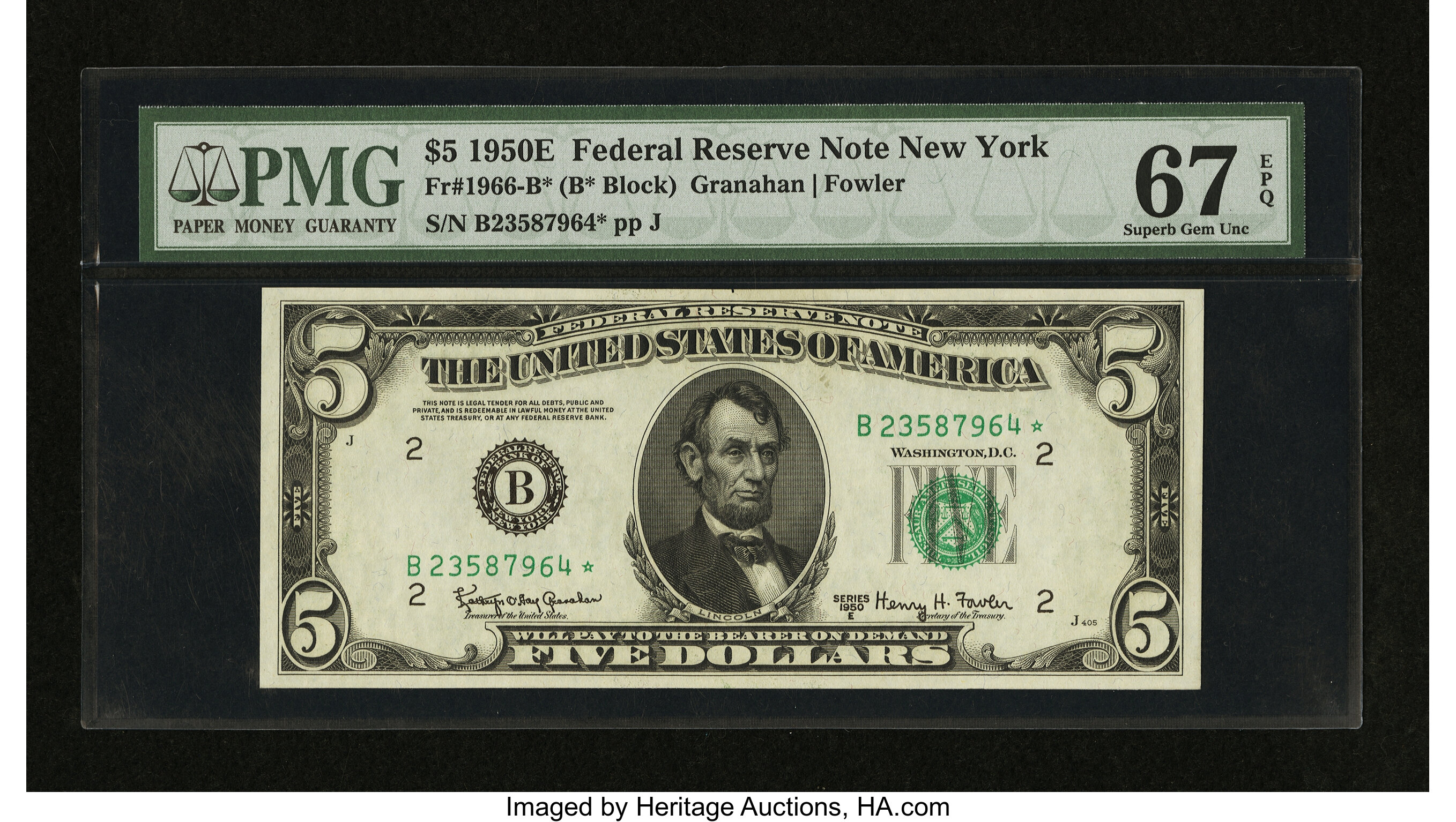 image for: Fr. 1966-B* $5 1950E Federal Reserve Note. PMG Superb Gem Unc 67 EPQ....