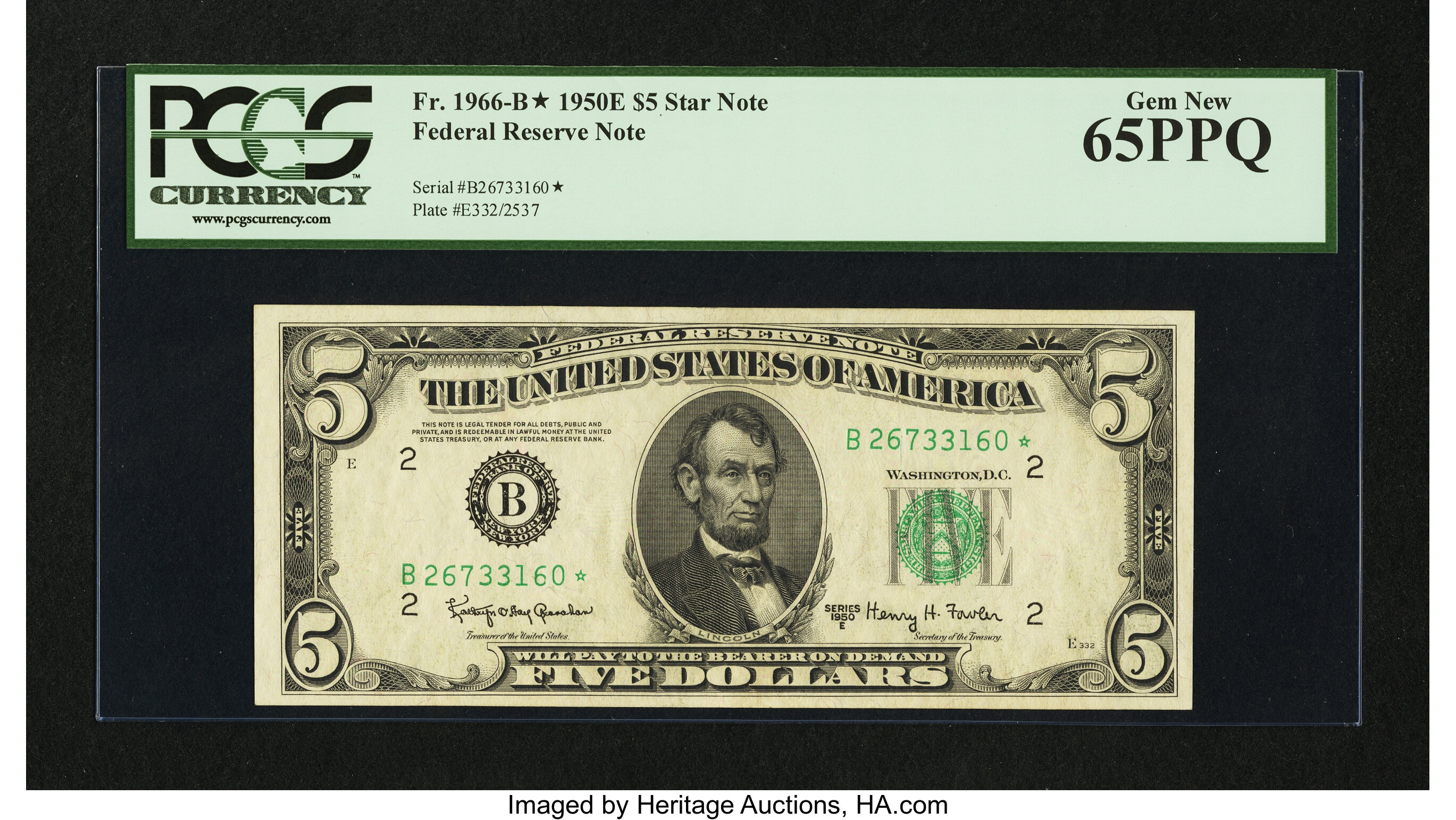 image for: Fr. 1966-B* $5 1950E Federal Reserve Note. PCGS Gem New 65PPQ....