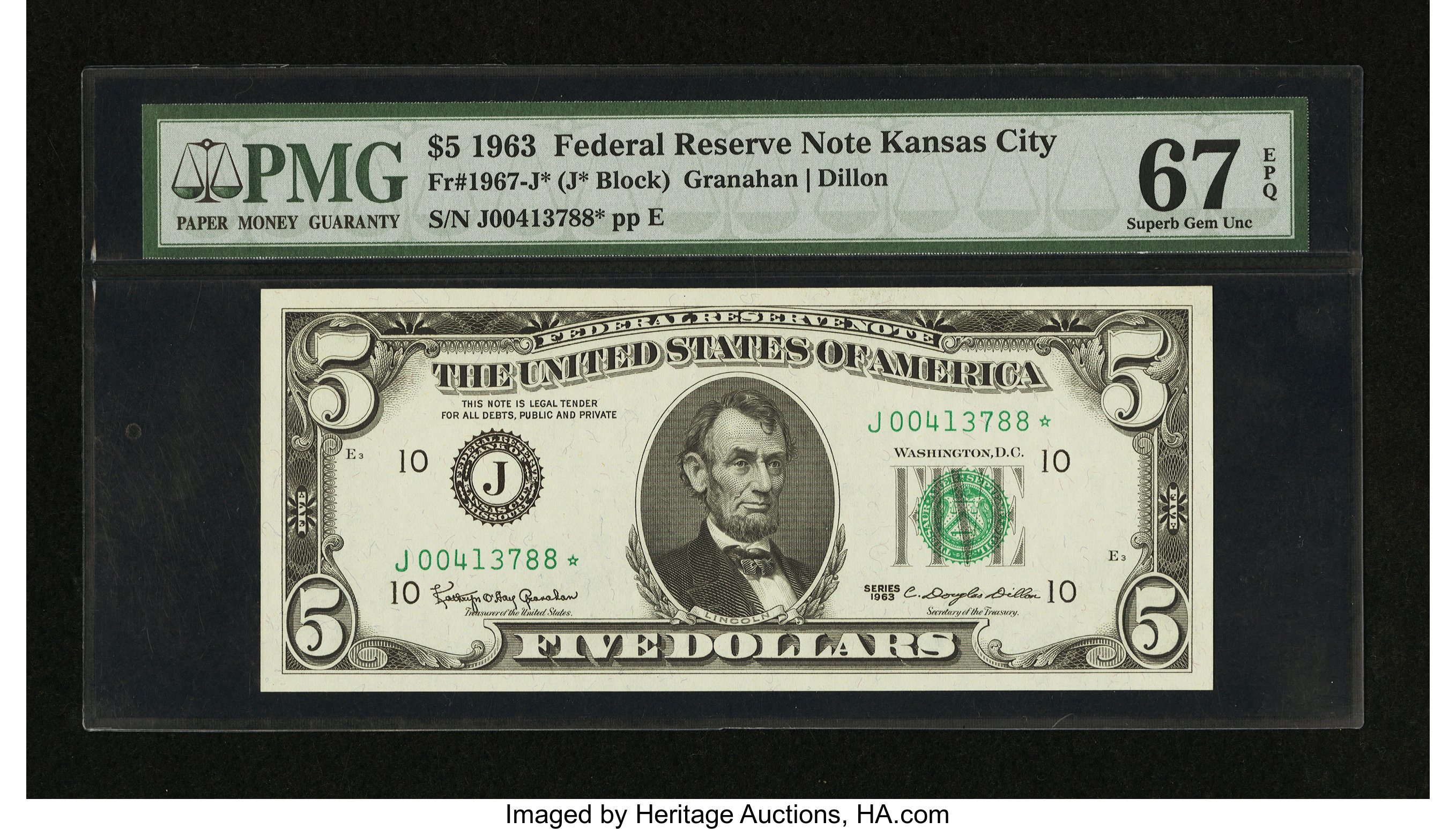 image for: Fr. 1967-J* $5 1963 Federal Reserve Note. PMG Superb Gem Unc 67 EPQ....