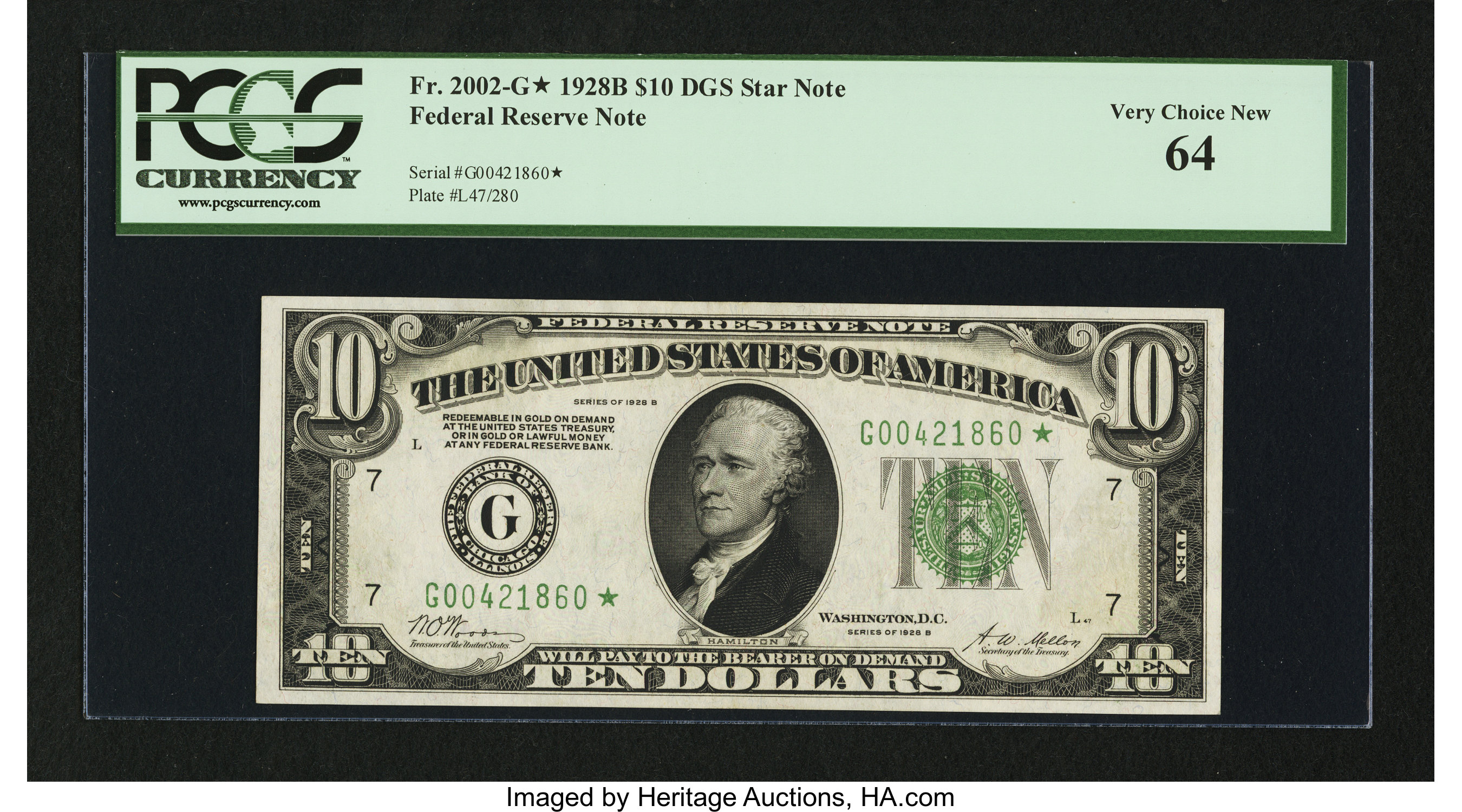 image for: Fr. 2002-G* $10 1928B Dark Green Seal Federal Reserve Note. PCGS Very Choice New 64....