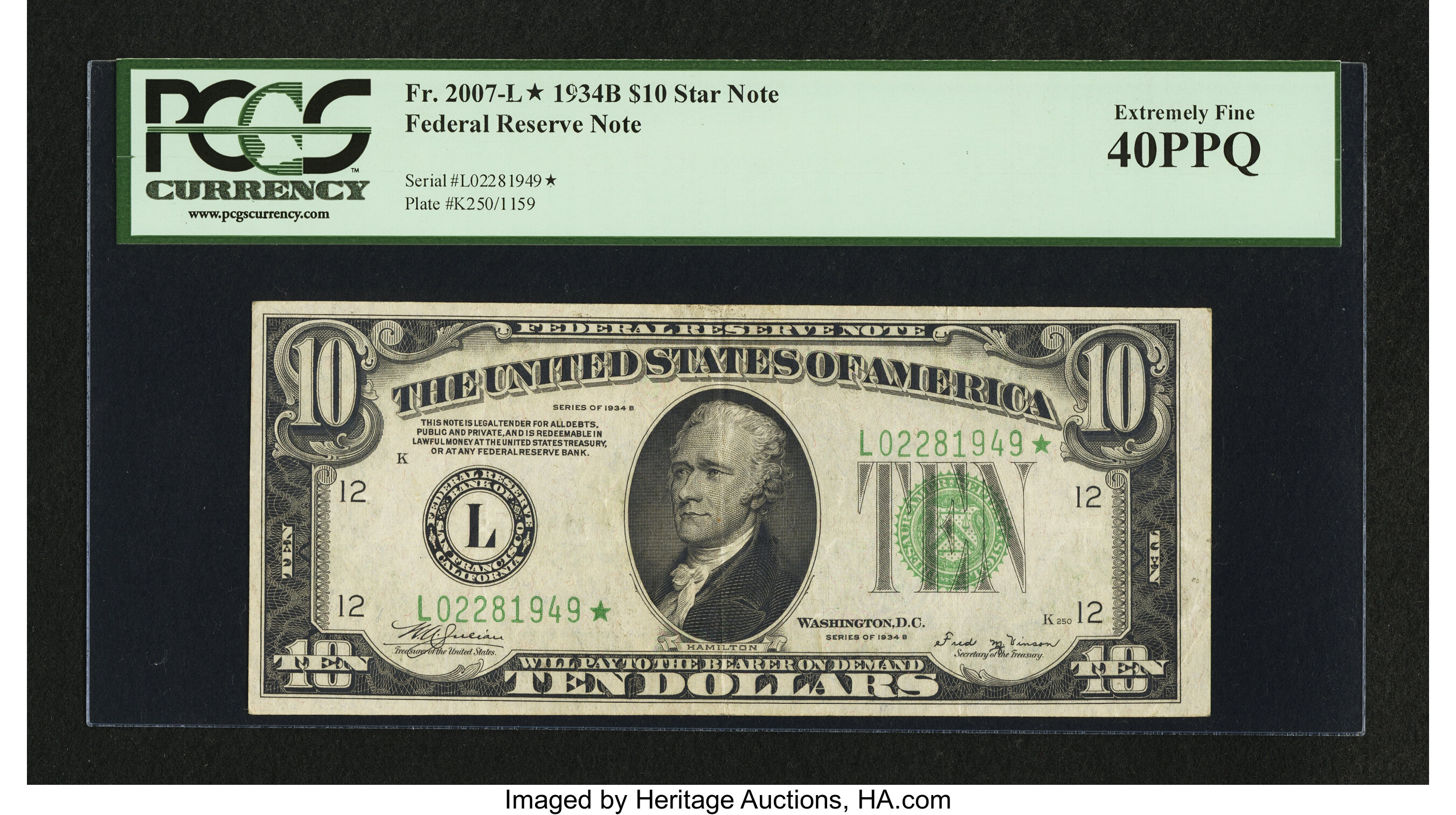 image for: Fr. 2007-L* $10 1934B Federal Reserve Note. PCGS Extremely Fine 40PPQ....