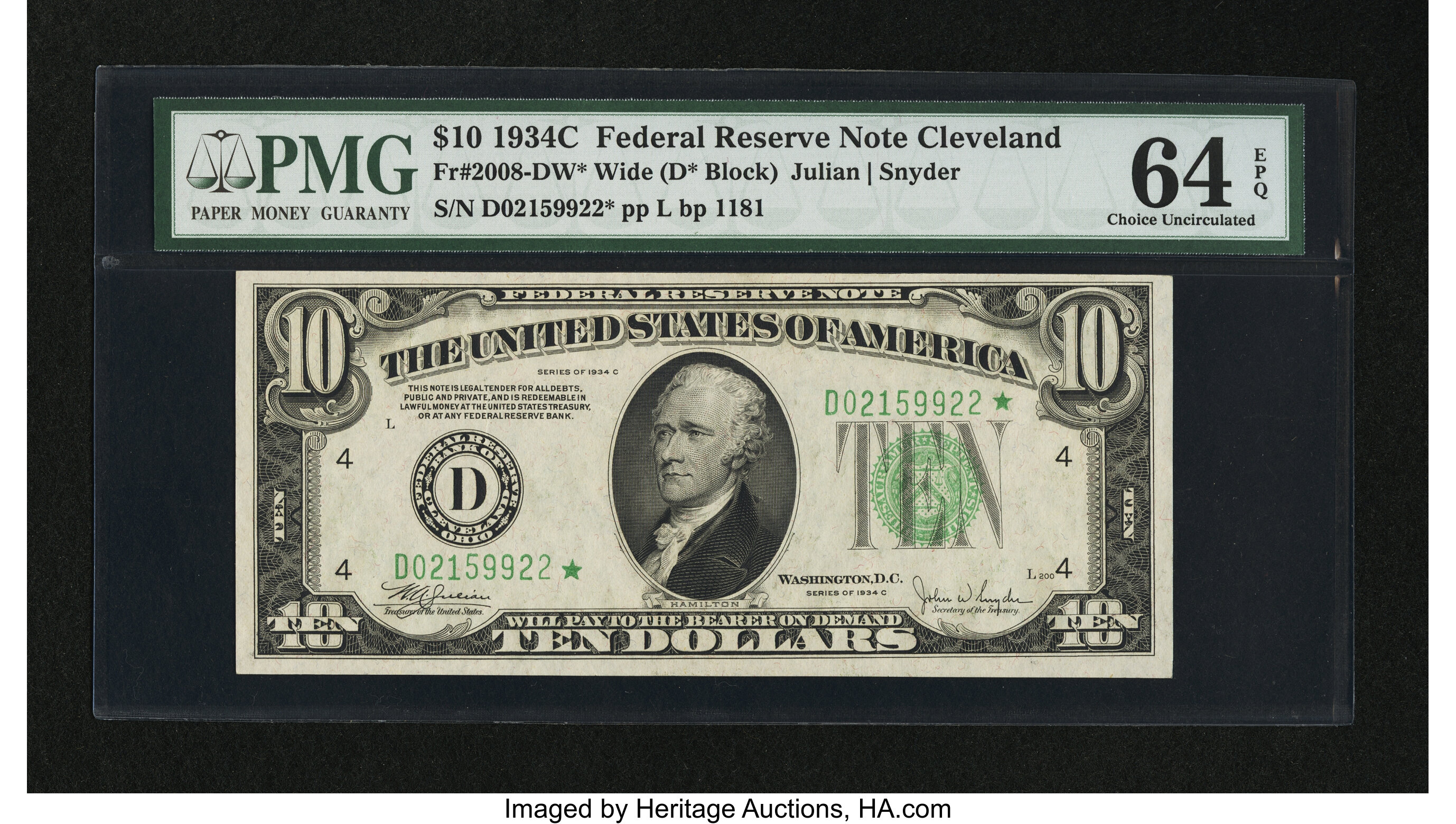 image for: Fr. 2008-D* Wide $10 1934C Federal Reserve Note. PMG Choice Uncirculated 64 EPQ....