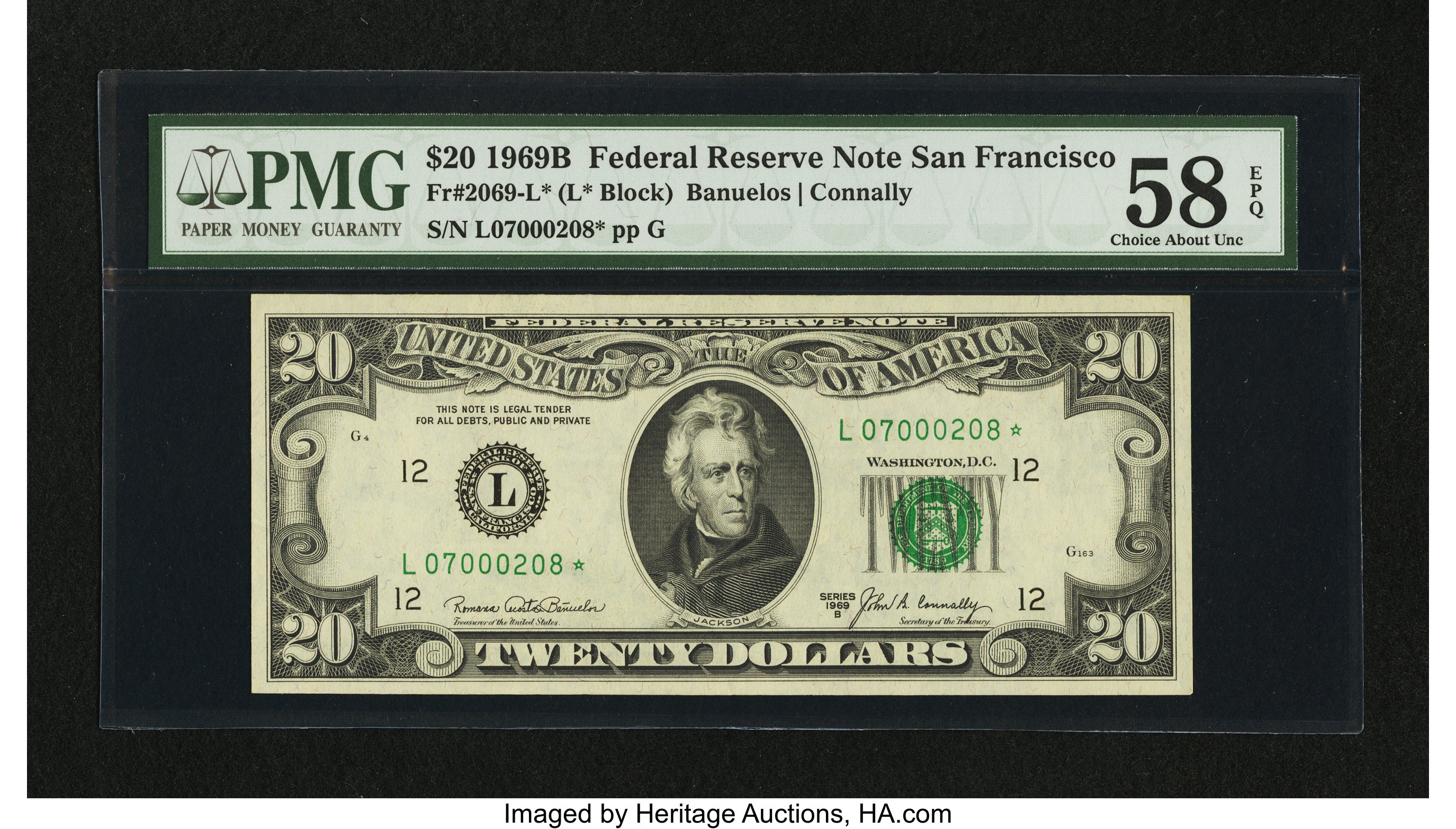 image for: Fr. 2069-L* $20 1969B Federal Reserve Note. PMG Choice About Unc 58 EPQ....